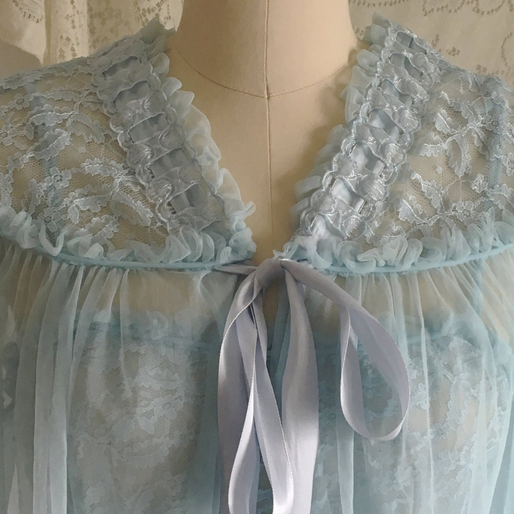 Vintage 1950's Peignoir Set | Light Baby Blue Sheer Nylon Chiffon with Lace | GMc | Size S, M - Daggers & Dames