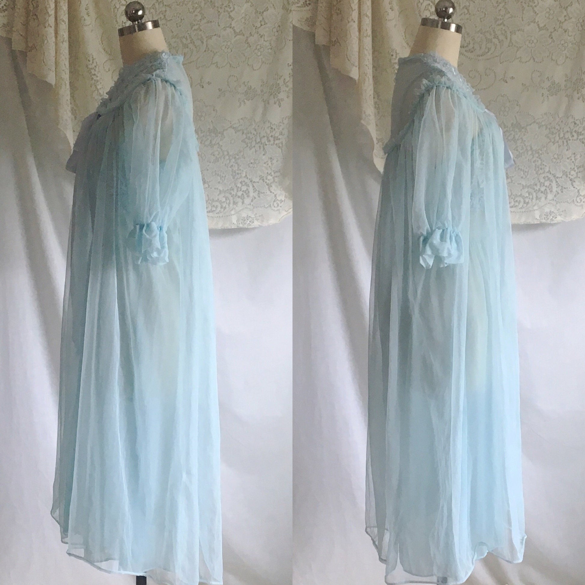 Vintage 1950's Peignoir Set | Light Baby Blue Sheer Nylon Chiffon with Lace | GMc | Size S, M - Daggers & Dames