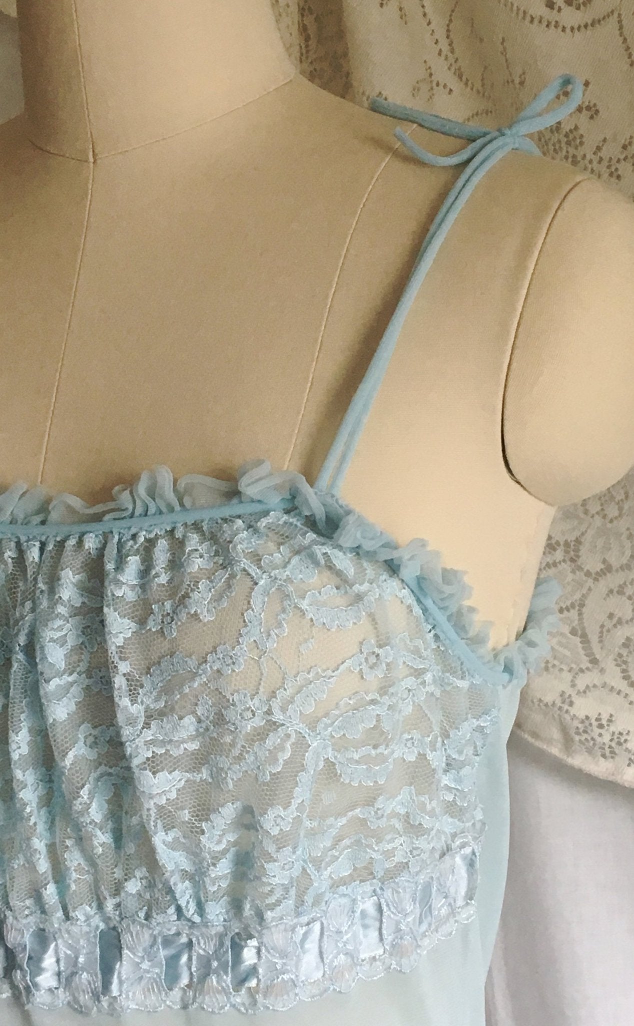 Vintage 1950's Peignoir Set | Light Baby Blue Sheer Nylon Chiffon with Lace | GMc | Size S, M - Daggers & Dames
