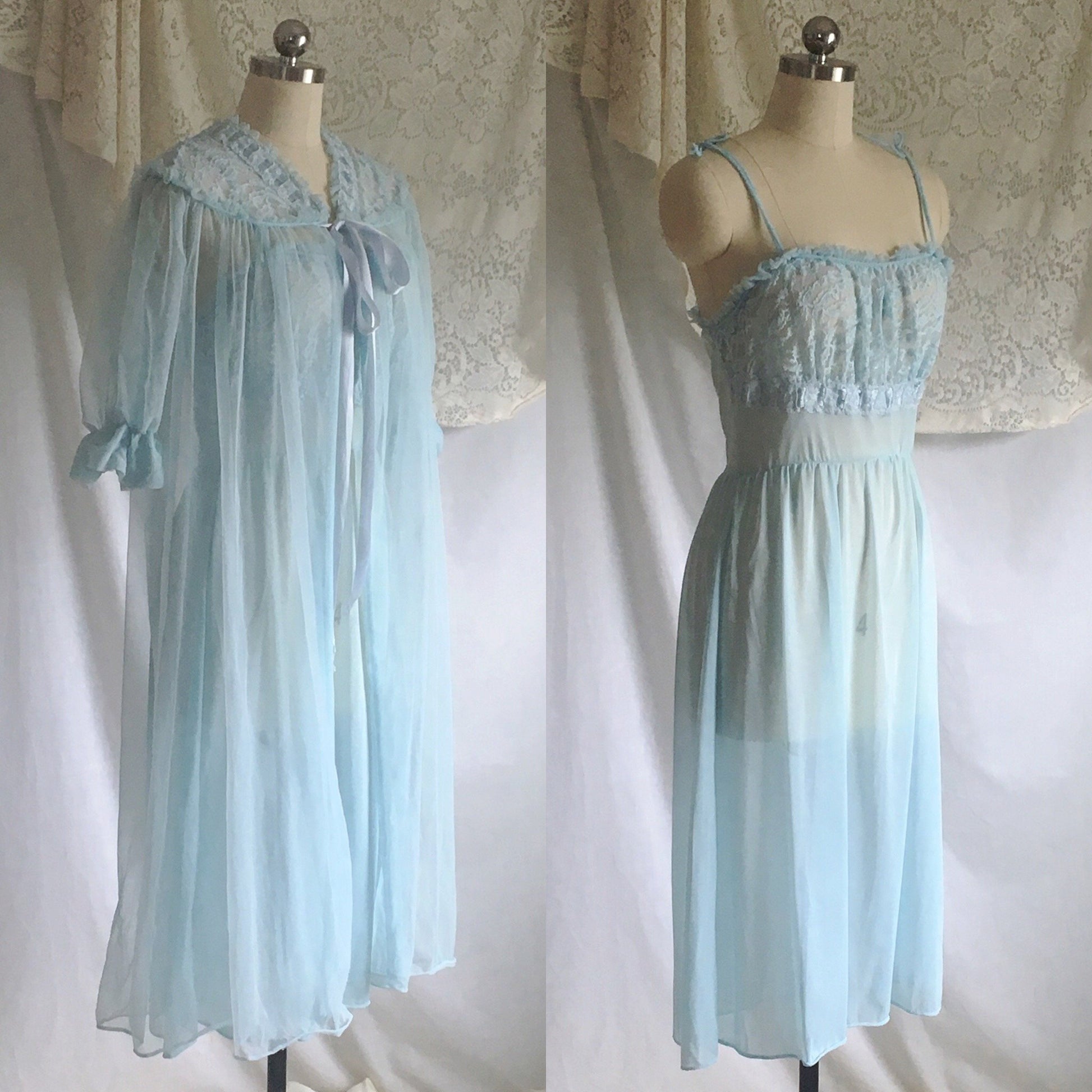 Vintage 1950's Peignoir Set | Light Baby Blue Sheer Nylon Chiffon with Lace | GMc | Size S, M - Daggers & Dames
