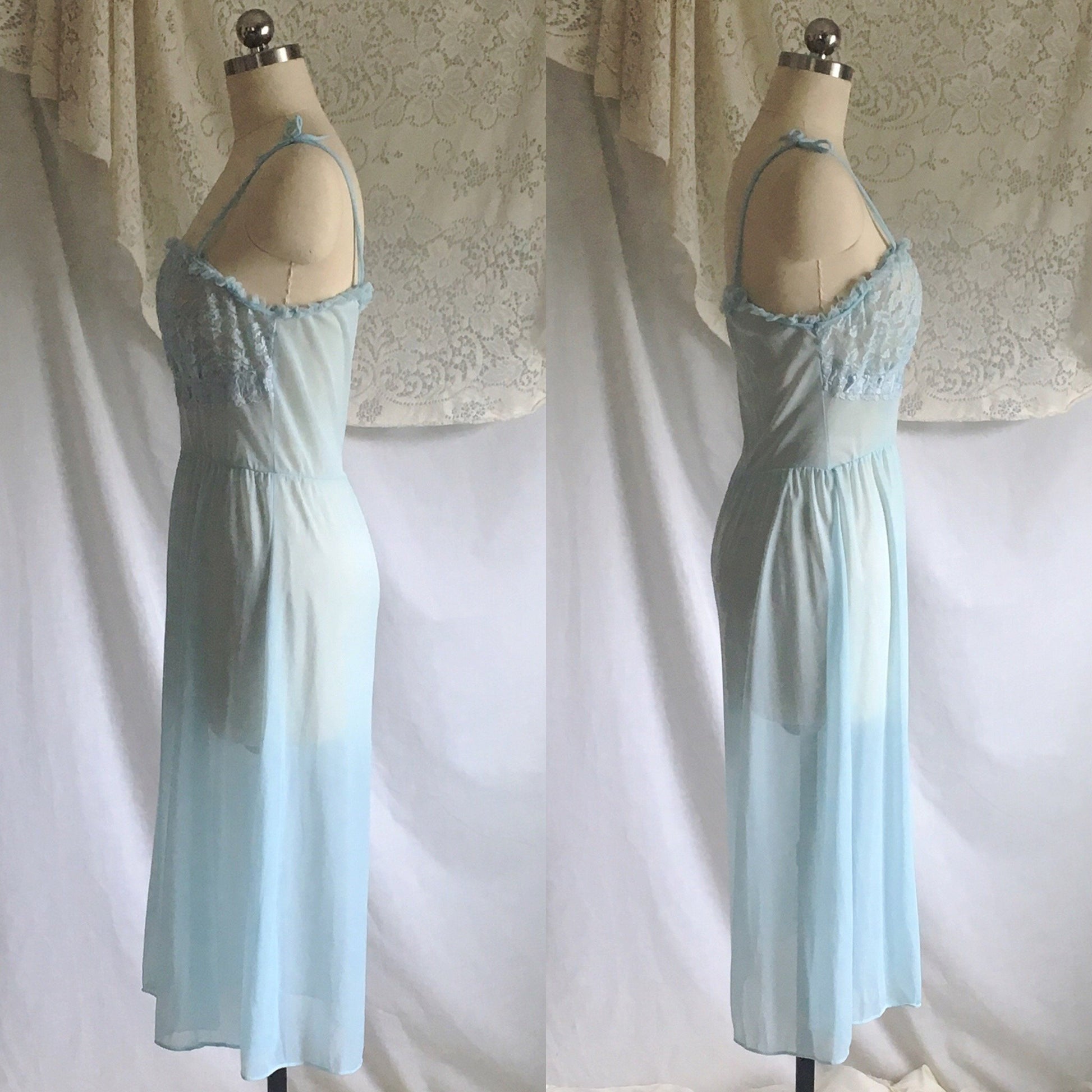 Vintage 1950's Peignoir Set | Light Baby Blue Sheer Nylon Chiffon with Lace | GMc | Size S, M - Daggers & Dames