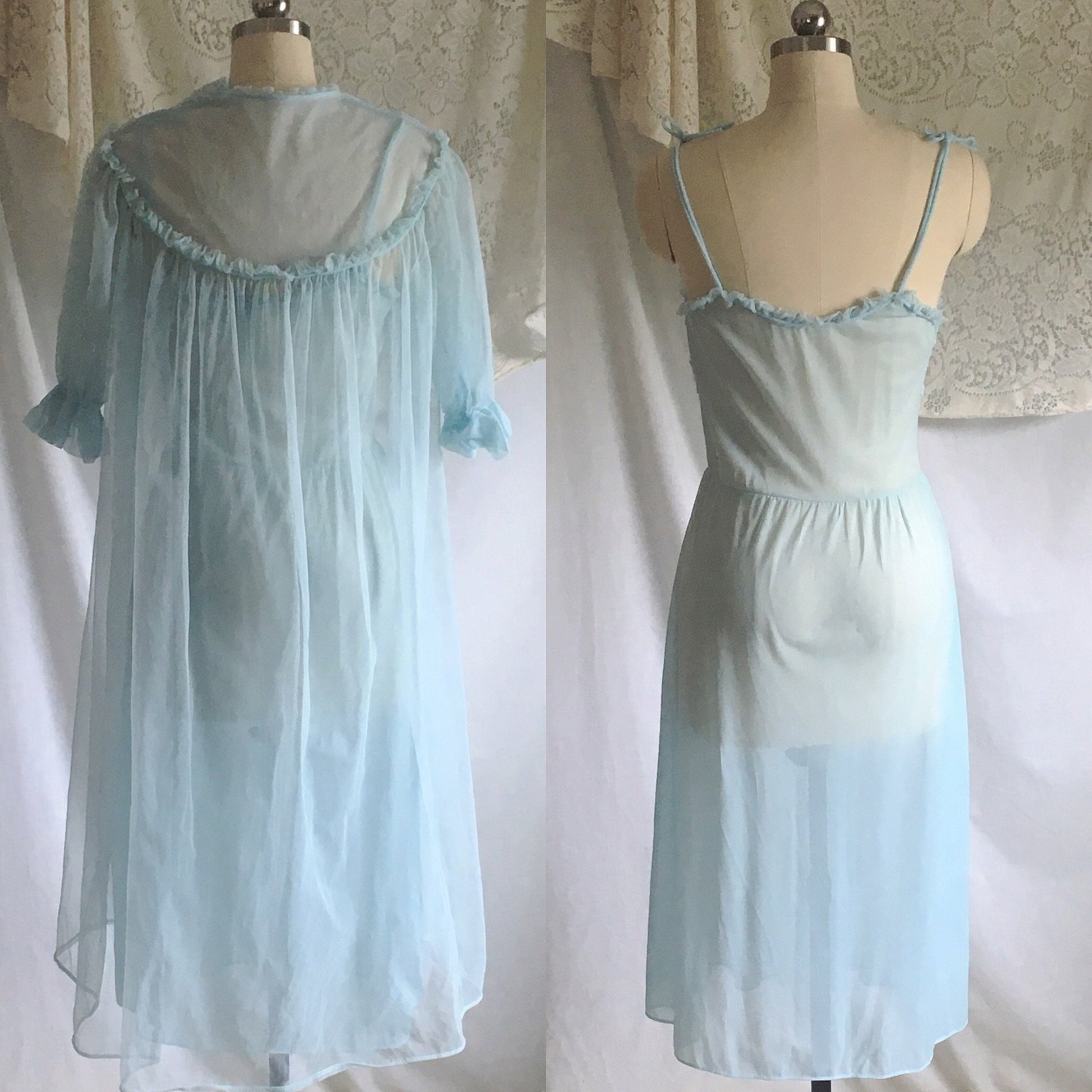 Vintage 1950's Peignoir Set | Light Baby Blue Sheer Nylon Chiffon with Lace | GMc | Size S, M - Daggers & Dames