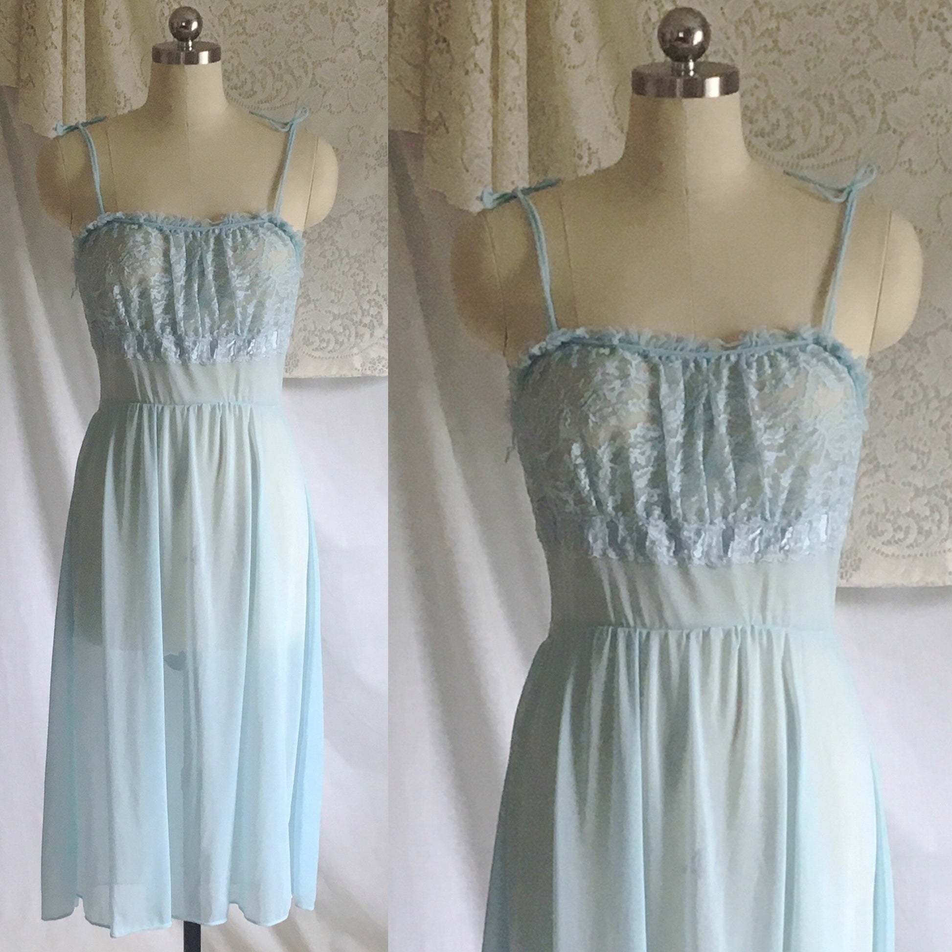 Vintage 1950's Peignoir Set | Light Baby Blue Sheer Nylon Chiffon with Lace | GMc | Size S, M - Daggers & Dames