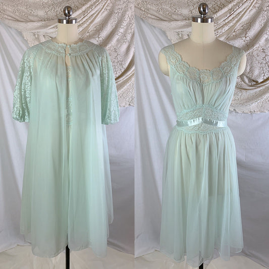 Vintage 1950's Peignoir Set | Pale Sea Foam Green Nylon Chiffon with Floral Lace & Satin Ribbon Waist | Vanity Fair | Size XS - Daggers & Dames