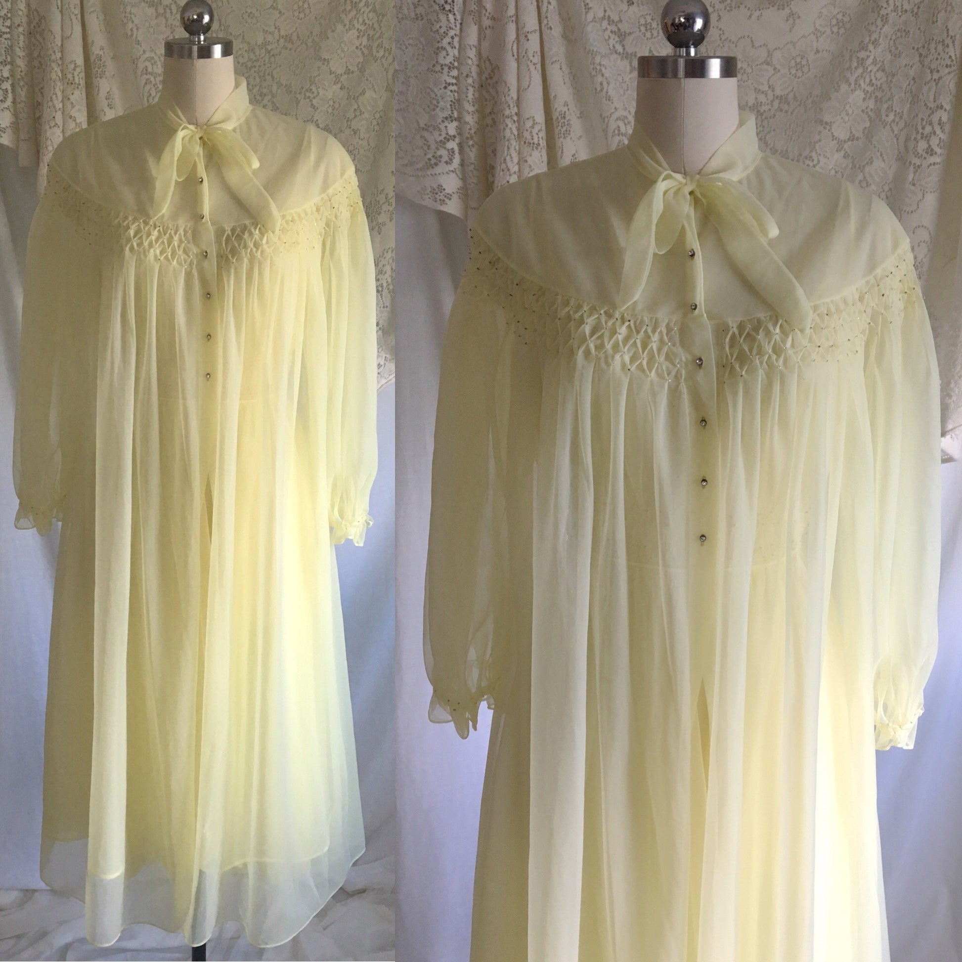 Vintage 1950's Peignoir Set | Pale Yellow Nylon Chiffon with Beading & Rhinestone Buttons | Vanity Fair | Size S, M - Daggers & Dames