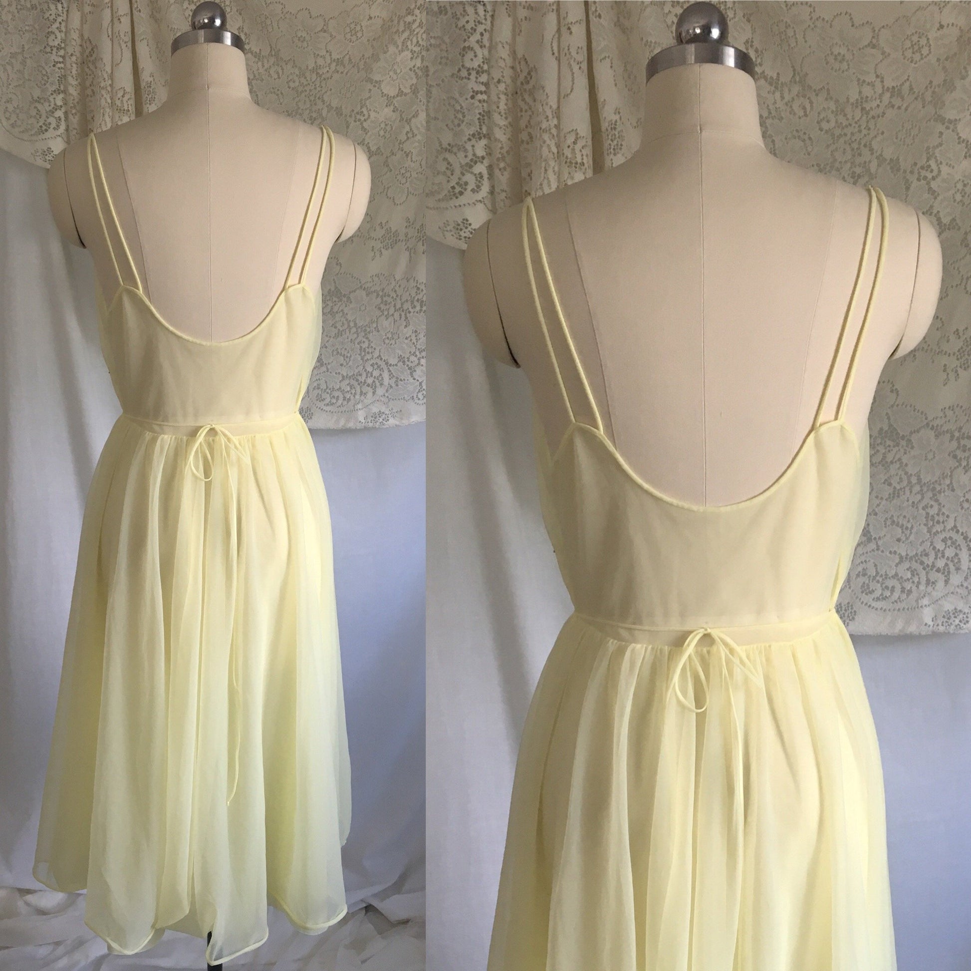 Vintage 1950's Peignoir Set | Pale Yellow Nylon Chiffon with Beading & Rhinestone Buttons | Vanity Fair | Size S, M - Daggers & Dames