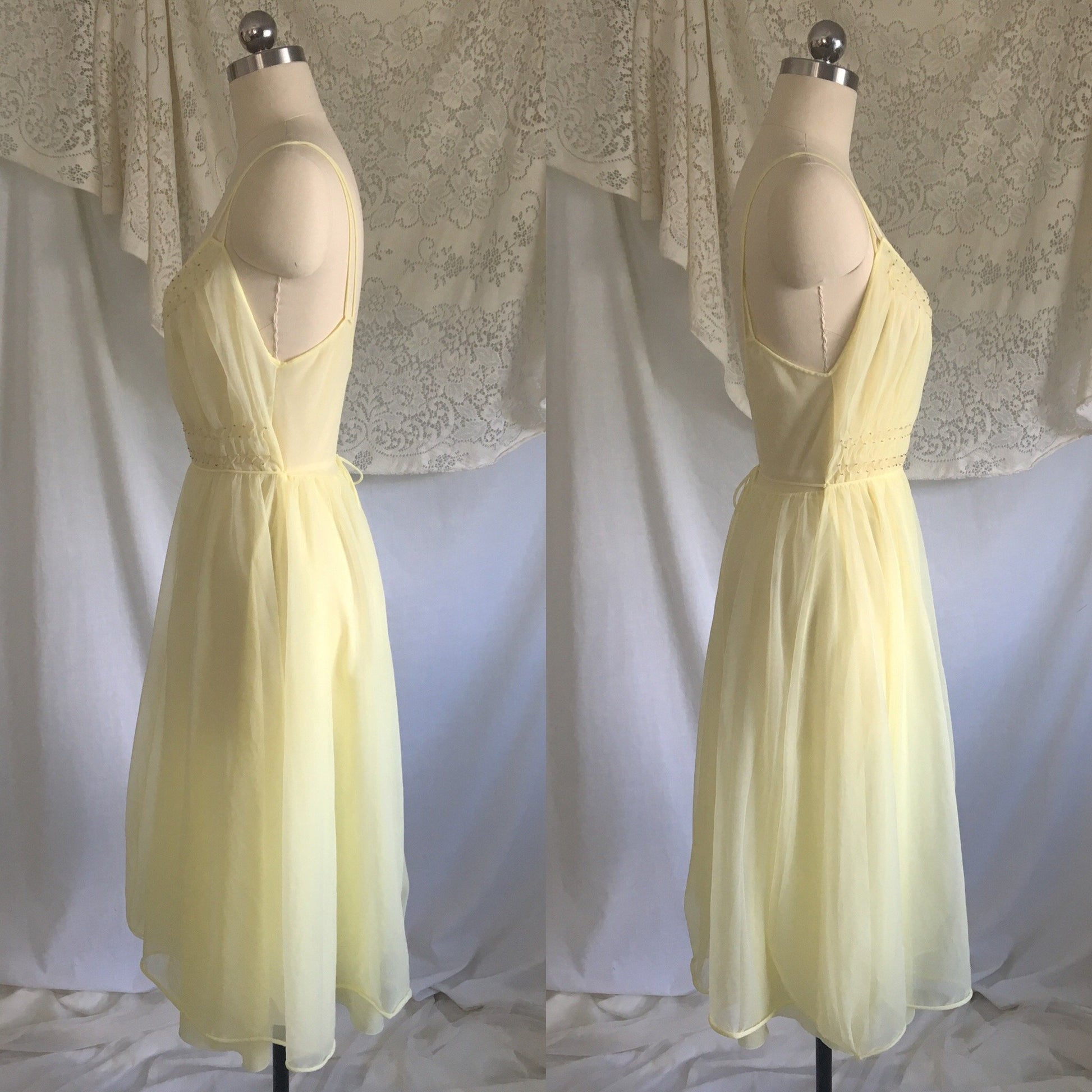 Vintage 1950's Peignoir Set | Pale Yellow Nylon Chiffon with Beading & Rhinestone Buttons | Vanity Fair | Size S, M - Daggers & Dames