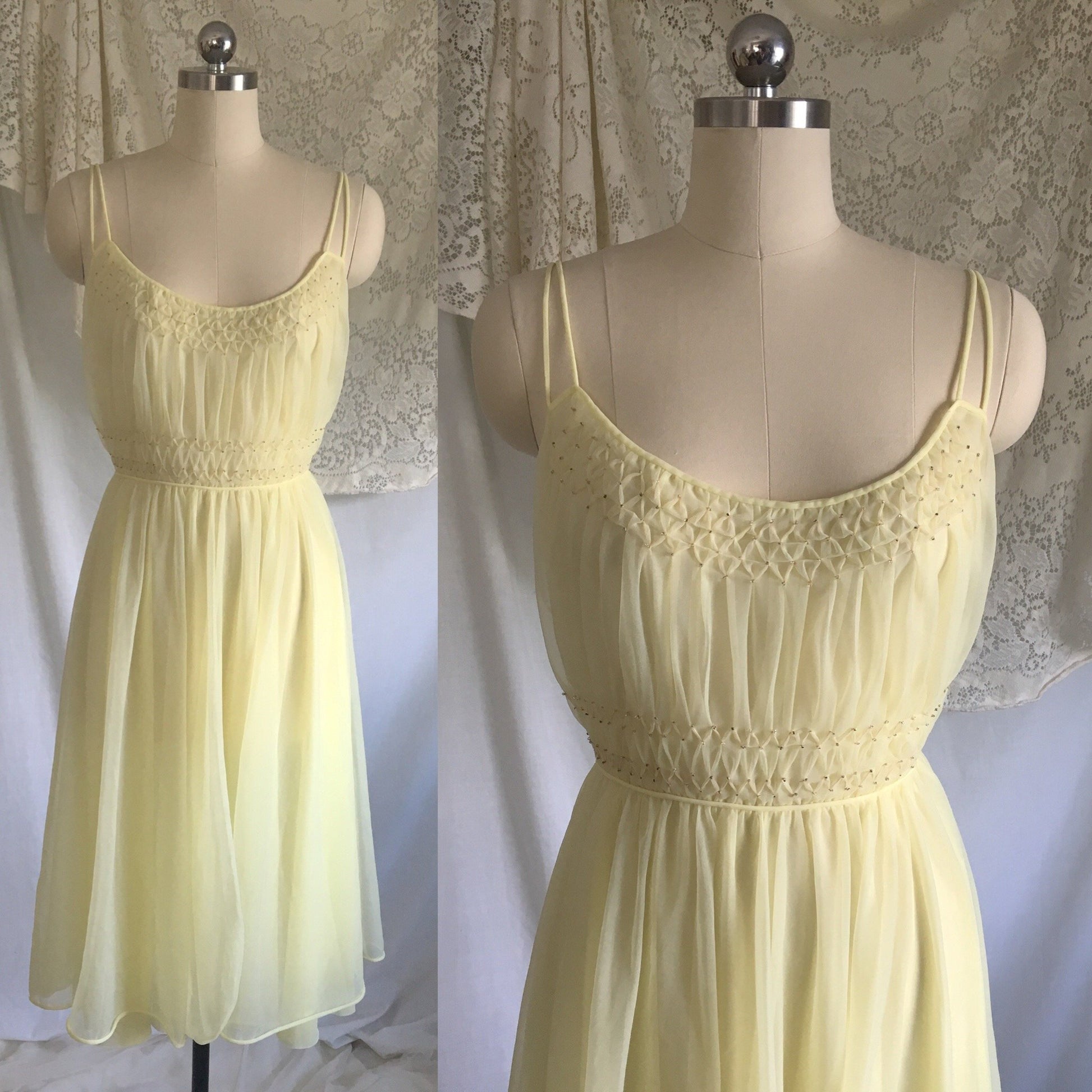 Vintage 1950's Peignoir Set | Pale Yellow Nylon Chiffon with Beading & Rhinestone Buttons | Vanity Fair | Size S, M - Daggers & Dames