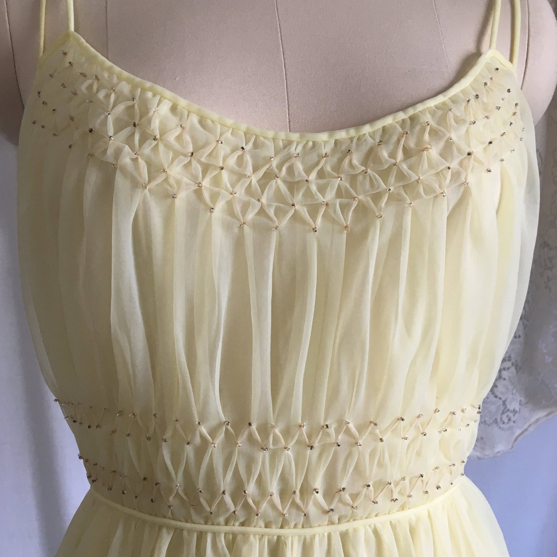 Vintage 1950's Peignoir Set | Pale Yellow Nylon Chiffon with Beading & Rhinestone Buttons | Vanity Fair | Size S, M - Daggers & Dames