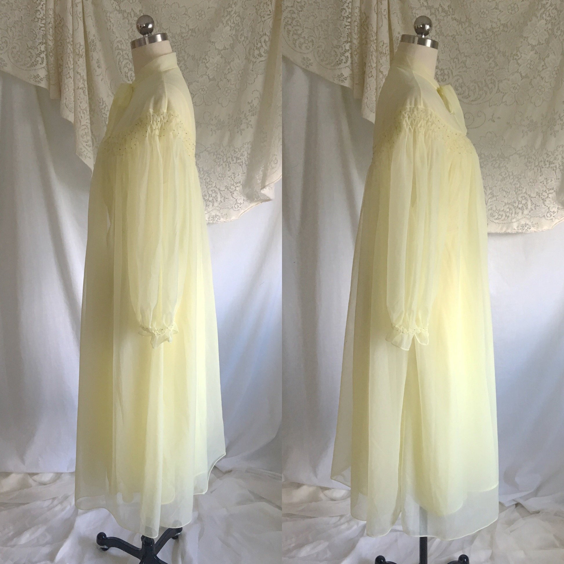 Vintage 1950's Peignoir Set | Pale Yellow Nylon Chiffon with Beading & Rhinestone Buttons | Vanity Fair | Size S, M - Daggers & Dames