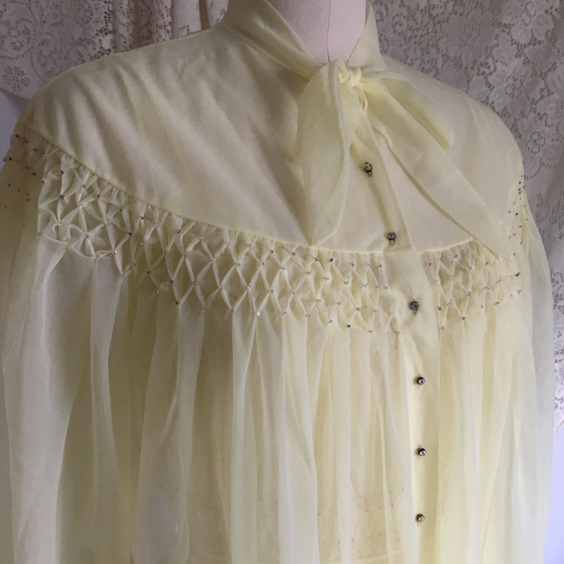 Vintage 1950's Peignoir Set | Pale Yellow Nylon Chiffon with Beading & Rhinestone Buttons | Vanity Fair | Size S, M - Daggers & Dames