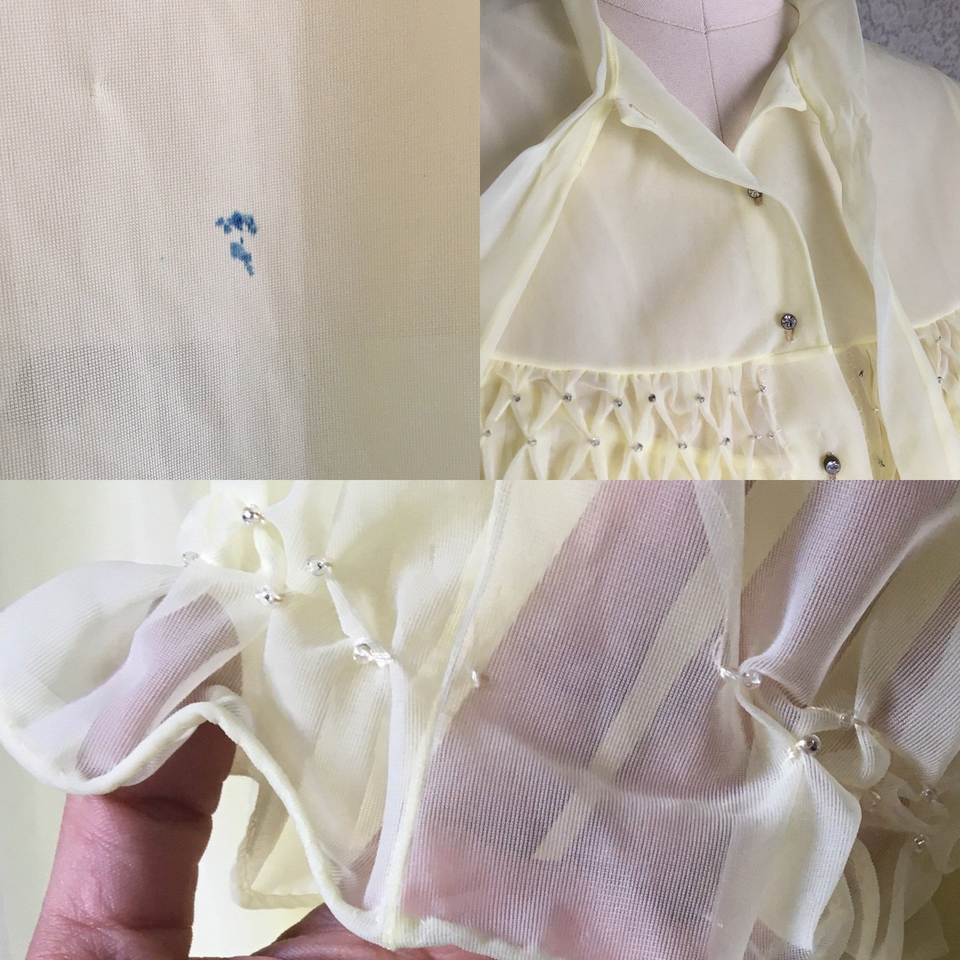 Vintage 1950's Peignoir Set | Pale Yellow Nylon Chiffon with Beading & Rhinestone Buttons | Vanity Fair | Size S, M - Daggers & Dames