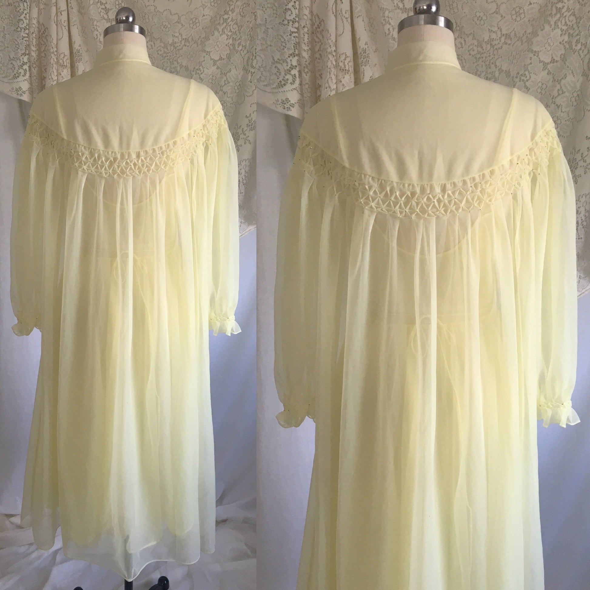 Vintage 1950's Peignoir Set | Pale Yellow Nylon Chiffon with Beading & Rhinestone Buttons | Vanity Fair | Size S, M - Daggers & Dames