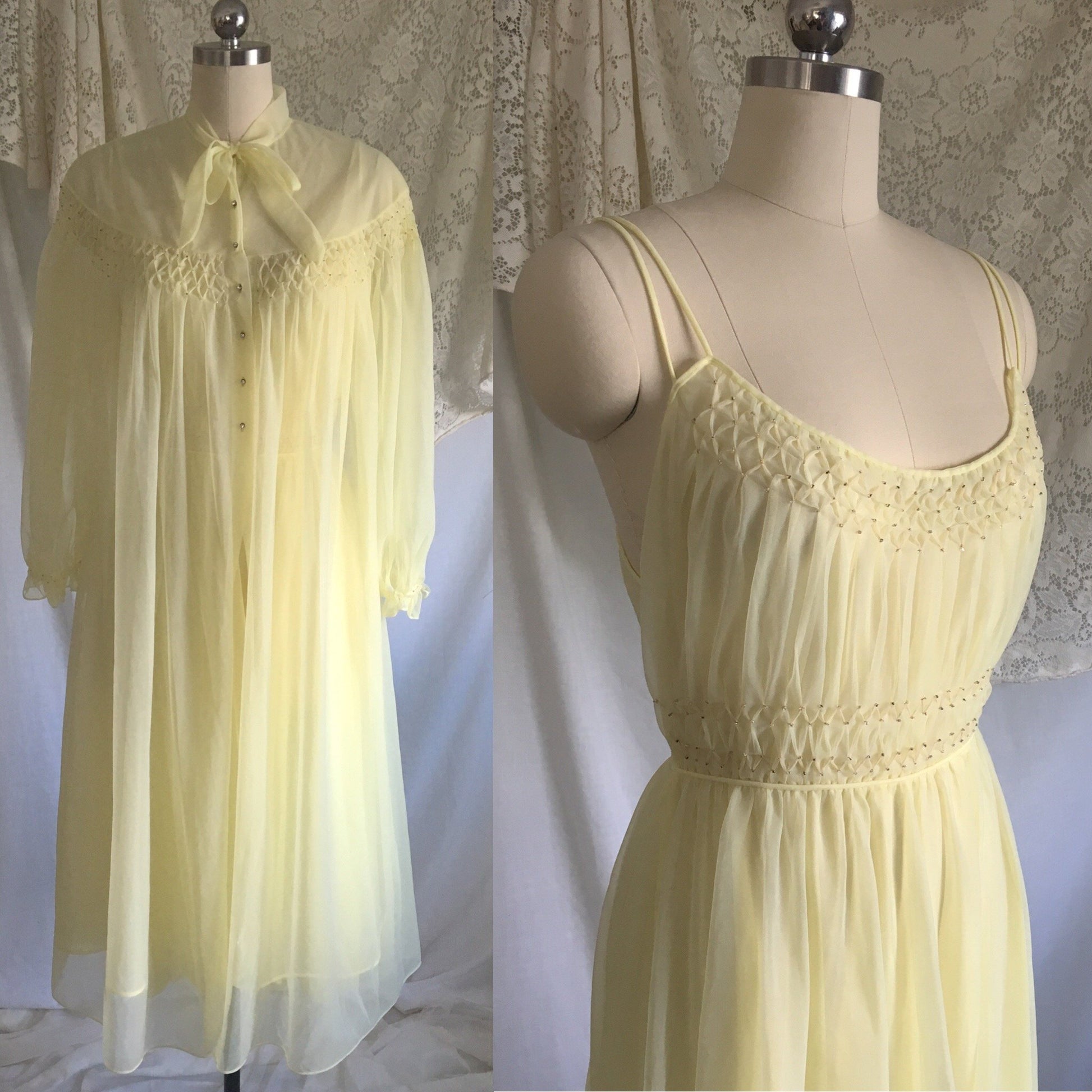 Vintage 1950's Peignoir Set | Pale Yellow Nylon Chiffon with Beading & Rhinestone Buttons | Vanity Fair | Size S, M - Daggers & Dames