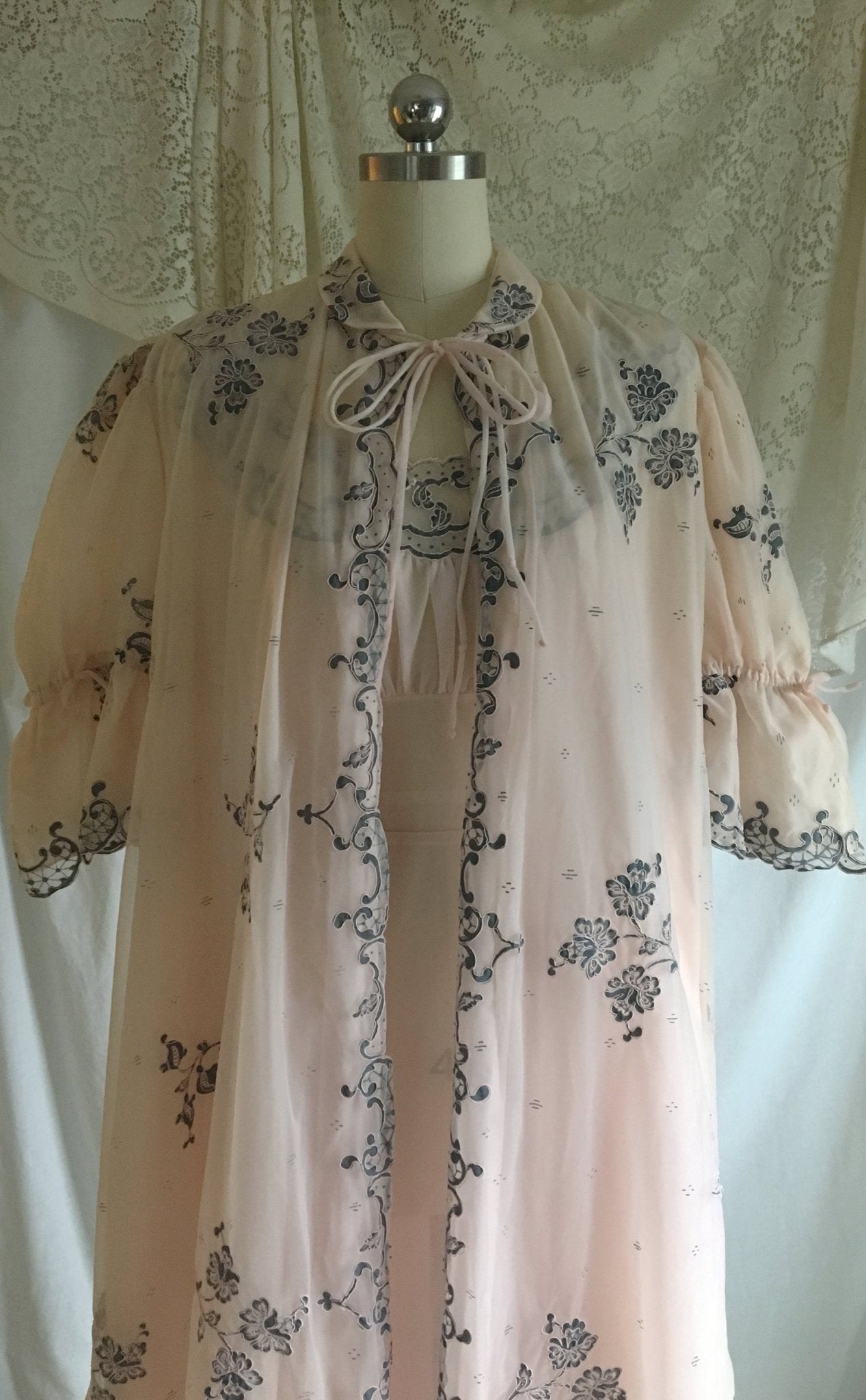 Vintage 1950's Peignoir Set | Powder Pink & Dove Gray Chiffon with Alençon Embroidery | Odette Barsa | Size S, M - Daggers & Dames