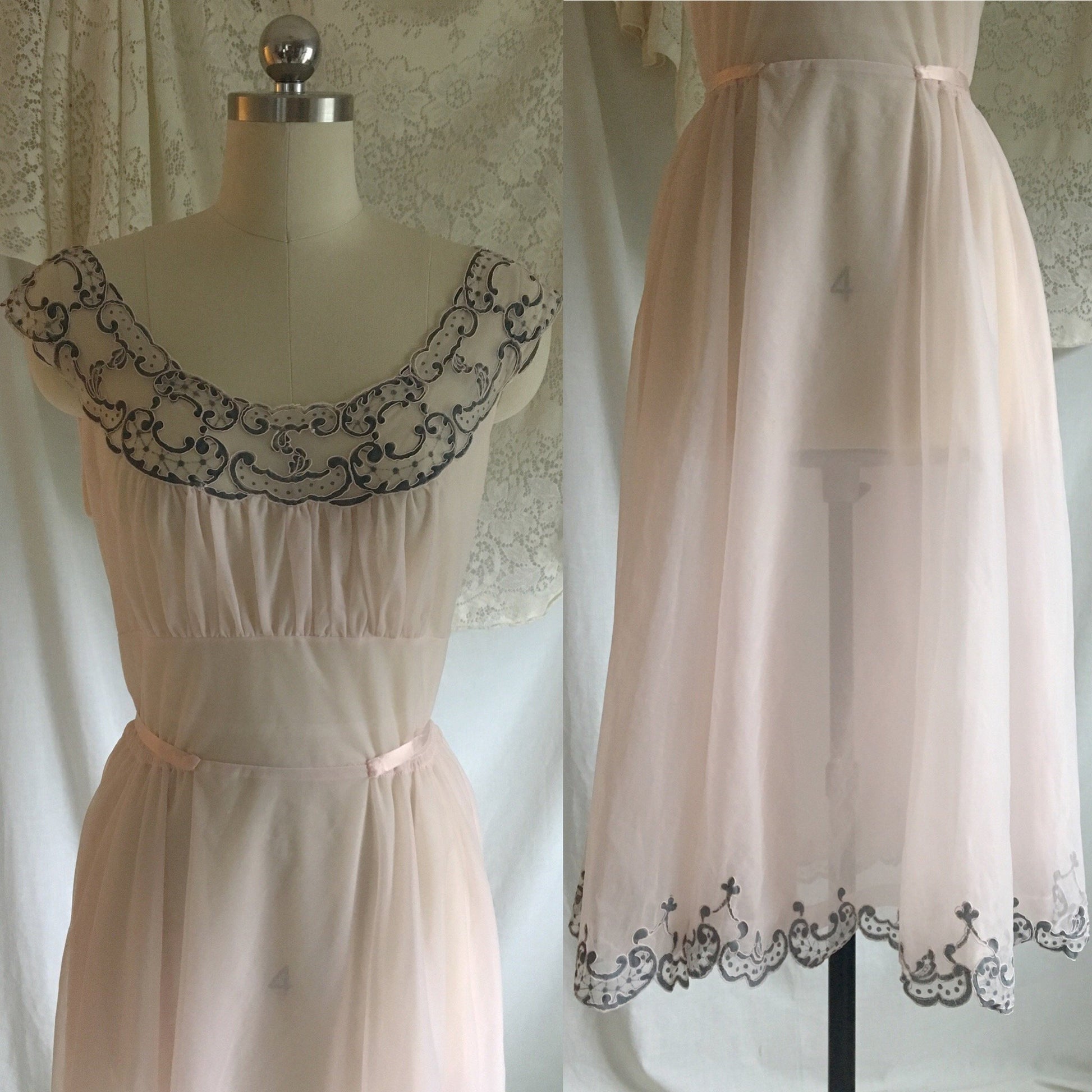 Vintage 1950's Peignoir Set | Powder Pink & Dove Gray Chiffon with Alençon Embroidery | Odette Barsa | Size S, M - Daggers & Dames