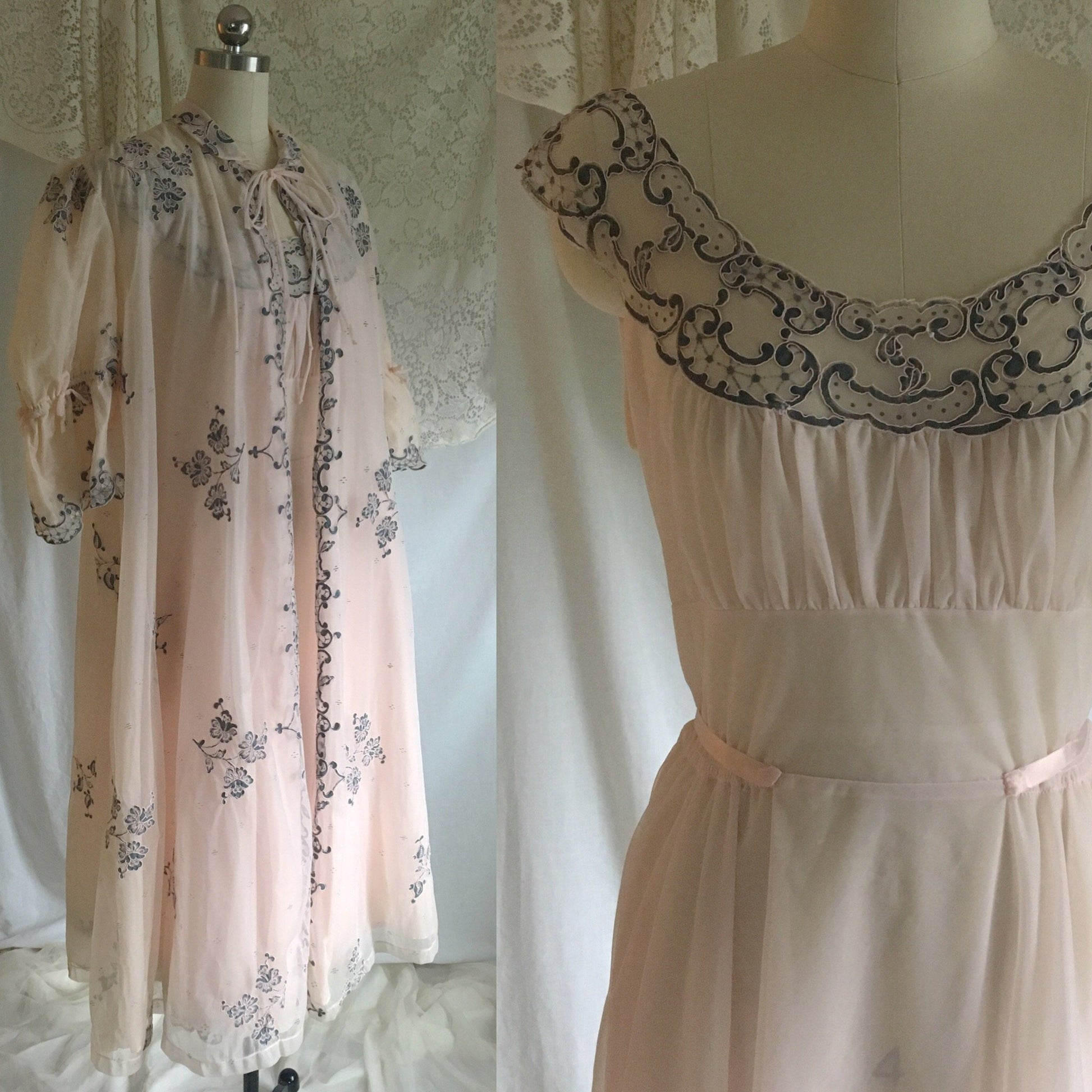 Vintage 1950's Peignoir Set | Powder Pink & Dove Gray Chiffon with Alençon Embroidery | Odette Barsa | Size S, M - Daggers & Dames