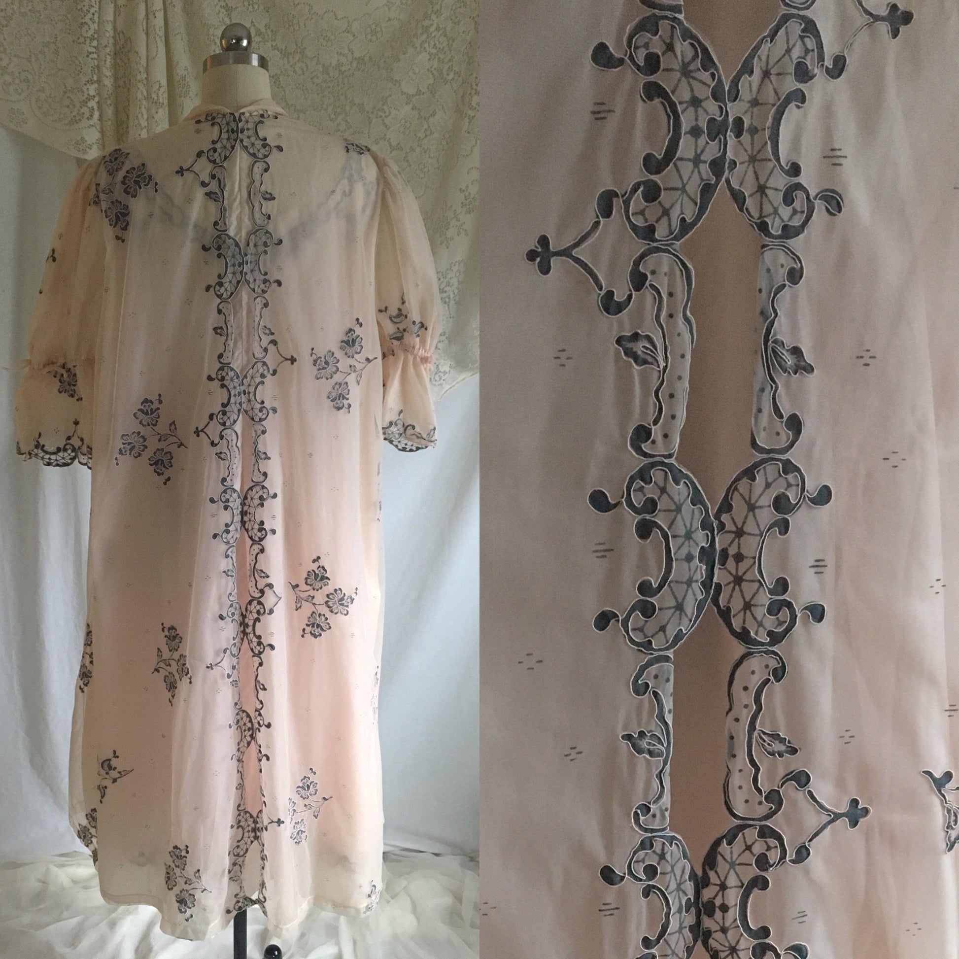 Vintage 1950's Peignoir Set | Powder Pink & Dove Gray Chiffon with Alençon Embroidery | Odette Barsa | Size S, M - Daggers & Dames