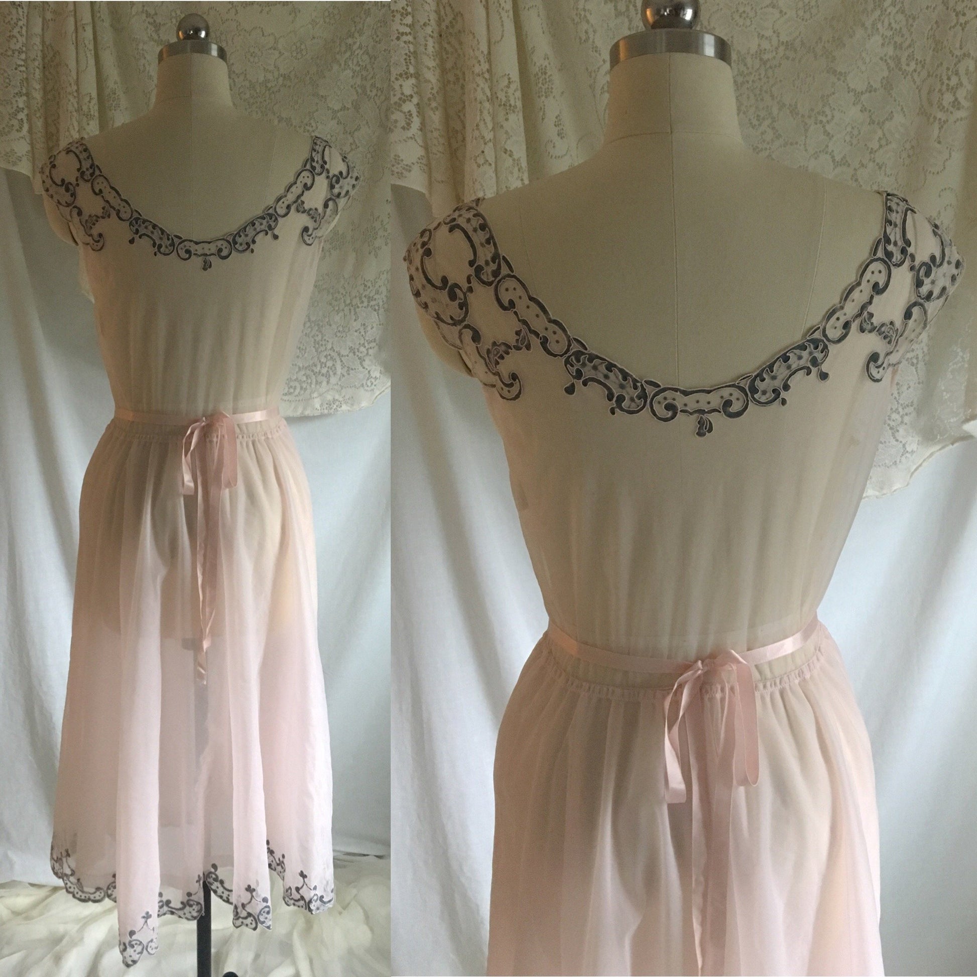 Vintage 1950's Peignoir Set | Powder Pink & Dove Gray Chiffon with Alençon Embroidery | Odette Barsa | Size S, M - Daggers & Dames