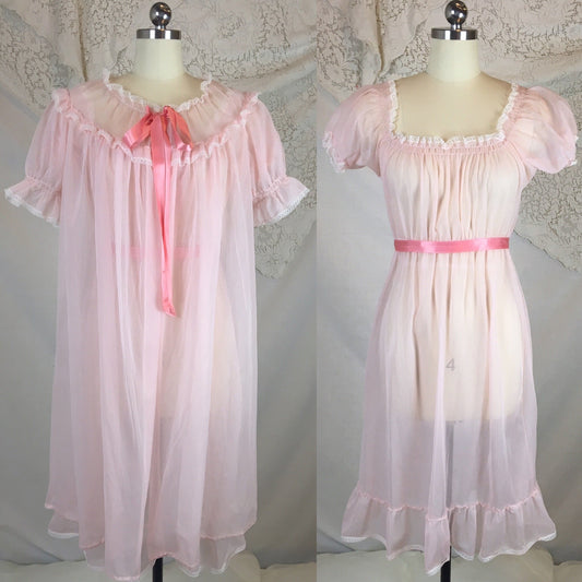Vintage 1950's Peignoir Set | Sheer Baby Pink Nylon Chiffon with White Pinstripes | Dora Gottlieb | Size XS, S, MED - Daggers & Dames