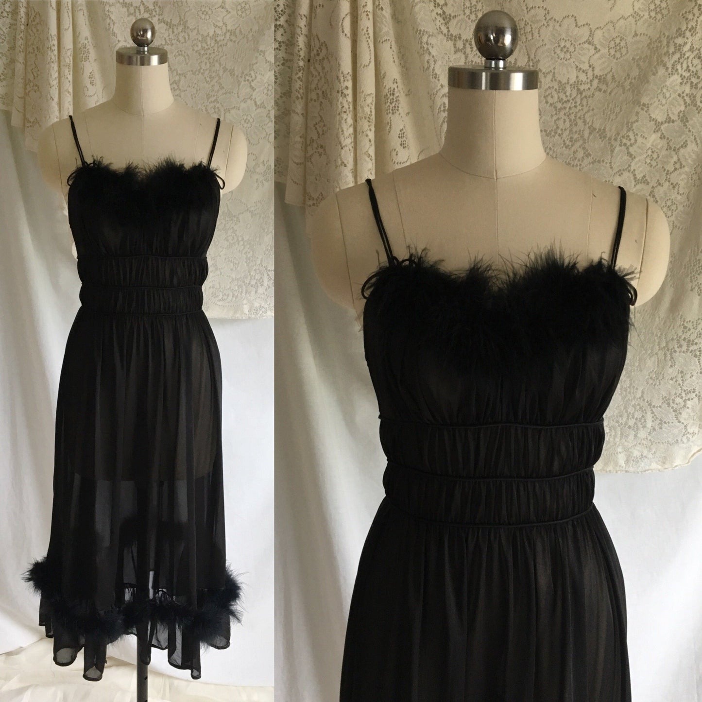 Vintage 1950's Peignoir Set | Sheer Black Nylon Chiffon with Marabou Feathers | Nightgown and Robe | Size XS - Daggers & Dames