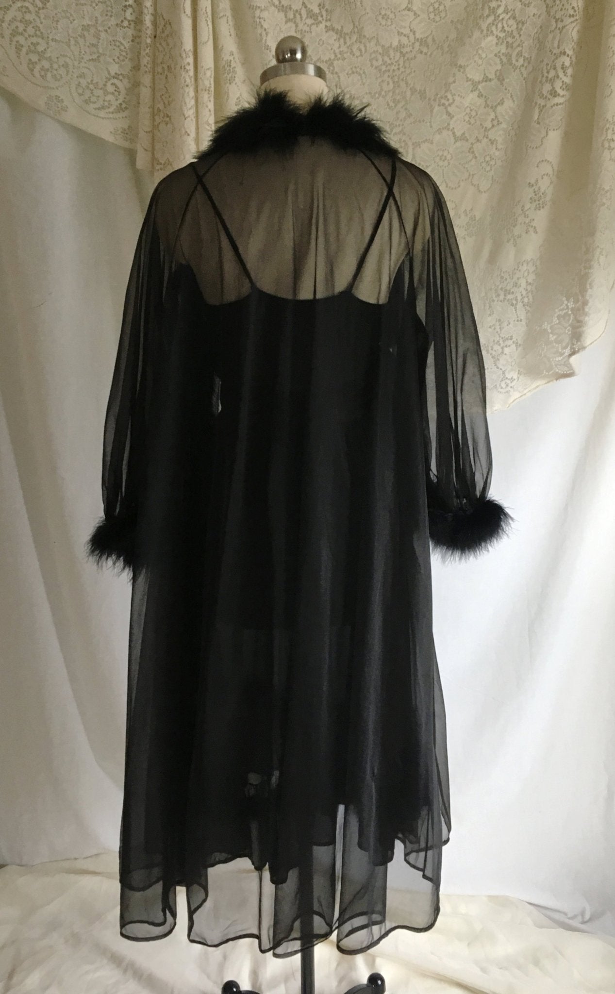 Vintage 1950's Peignoir Set | Sheer Black Nylon Chiffon with Marabou Feathers | Nightgown and Robe | Size XS - Daggers & Dames