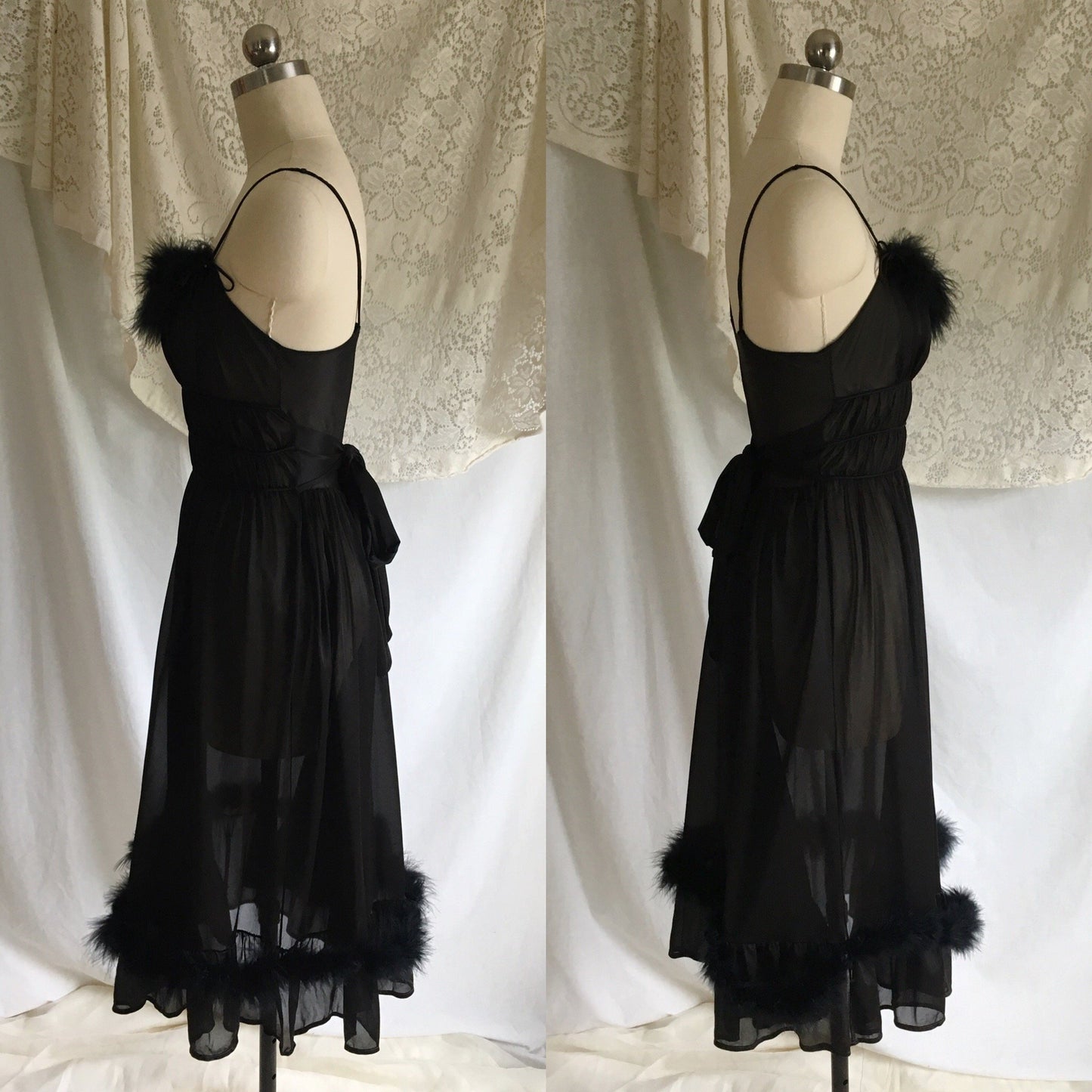 Vintage 1950's Peignoir Set | Sheer Black Nylon Chiffon with Marabou Feathers | Nightgown and Robe | Size XS - Daggers & Dames