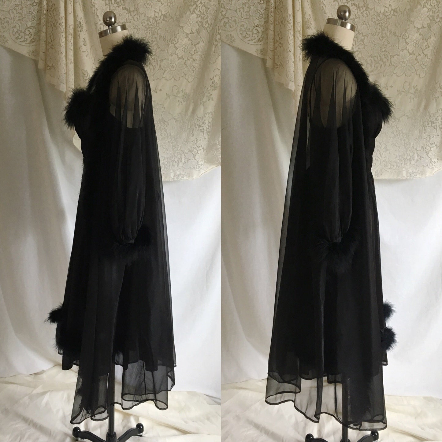 Vintage 1950's Peignoir Set | Sheer Black Nylon Chiffon with Marabou Feathers | Nightgown and Robe | Size XS - Daggers & Dames