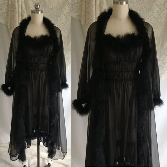 Vintage 1950's Peignoir Set | Sheer Black Nylon Chiffon with Marabou Feathers | Nightgown and Robe | Size XS - Daggers & Dames