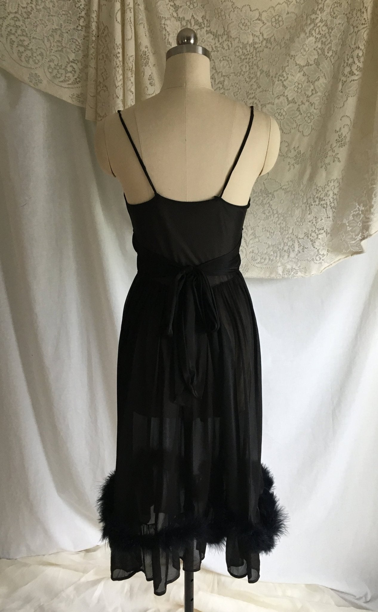 Vintage 1950's Peignoir Set | Sheer Black Nylon Chiffon with Marabou Feathers | Nightgown and Robe | Size XS - Daggers & Dames