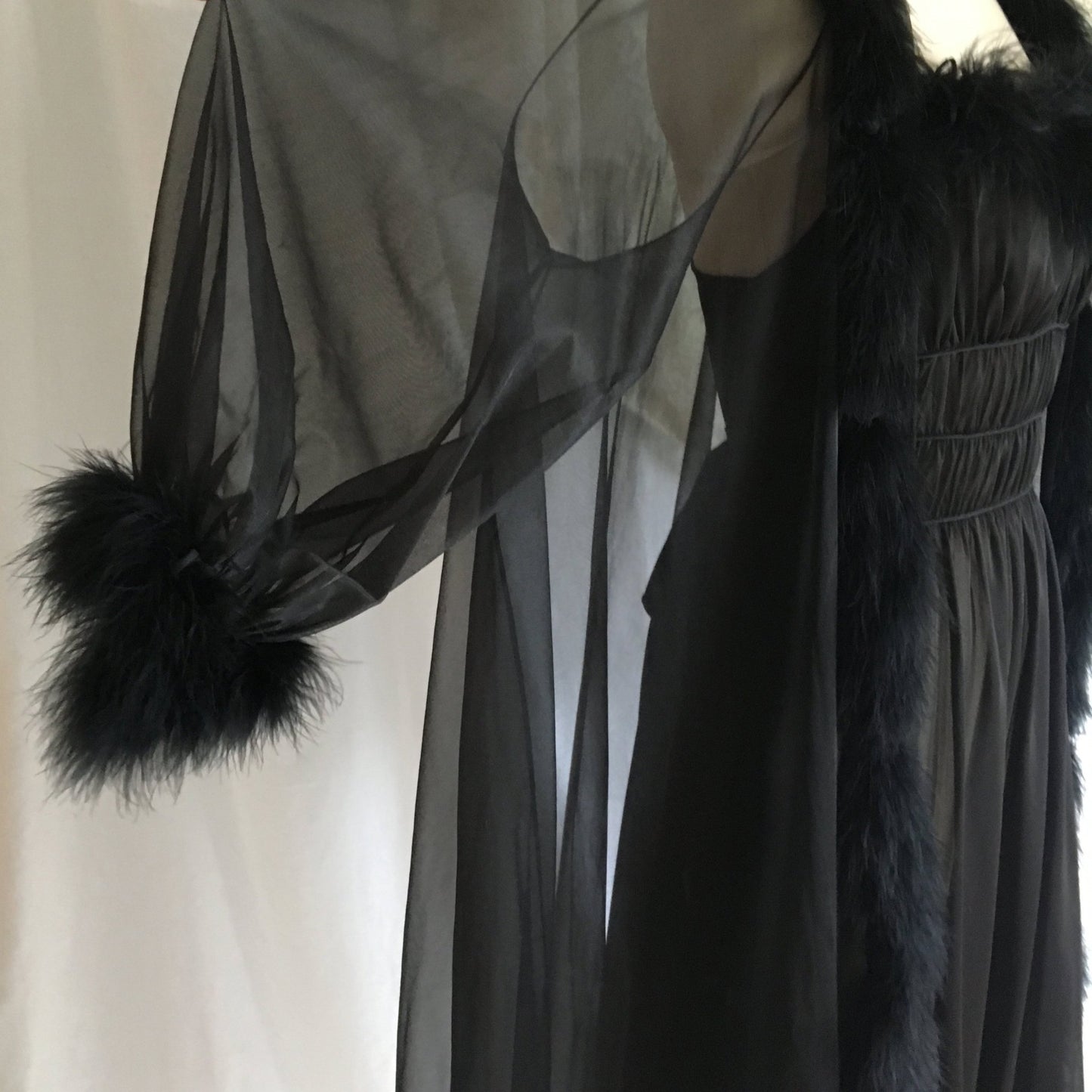 Vintage 1950's Peignoir Set | Sheer Black Nylon Chiffon with Marabou Feathers | Nightgown and Robe | Size XS - Daggers & Dames