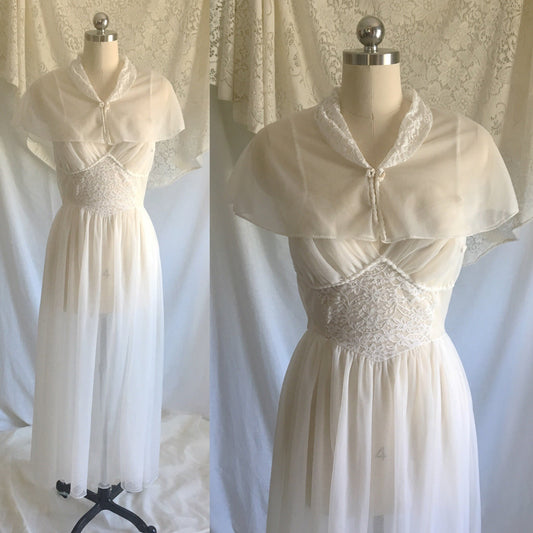 Vintage 1950's Peignoir Set | White Chiffon Nightgown & Capelet with Rhinestones | Bridal Lingerie | Size S, M - Daggers & Dames