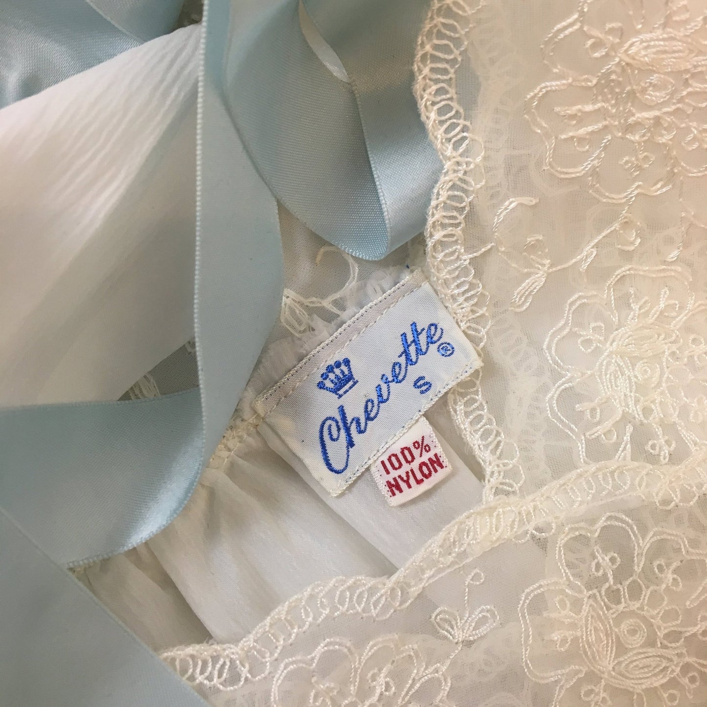 Vintage 1950's Peignoir Set | White Crisp Nylon with Sheer Embroidered Chiffon & Blue Ribbon | Chevette | Size S - Daggers & Dames