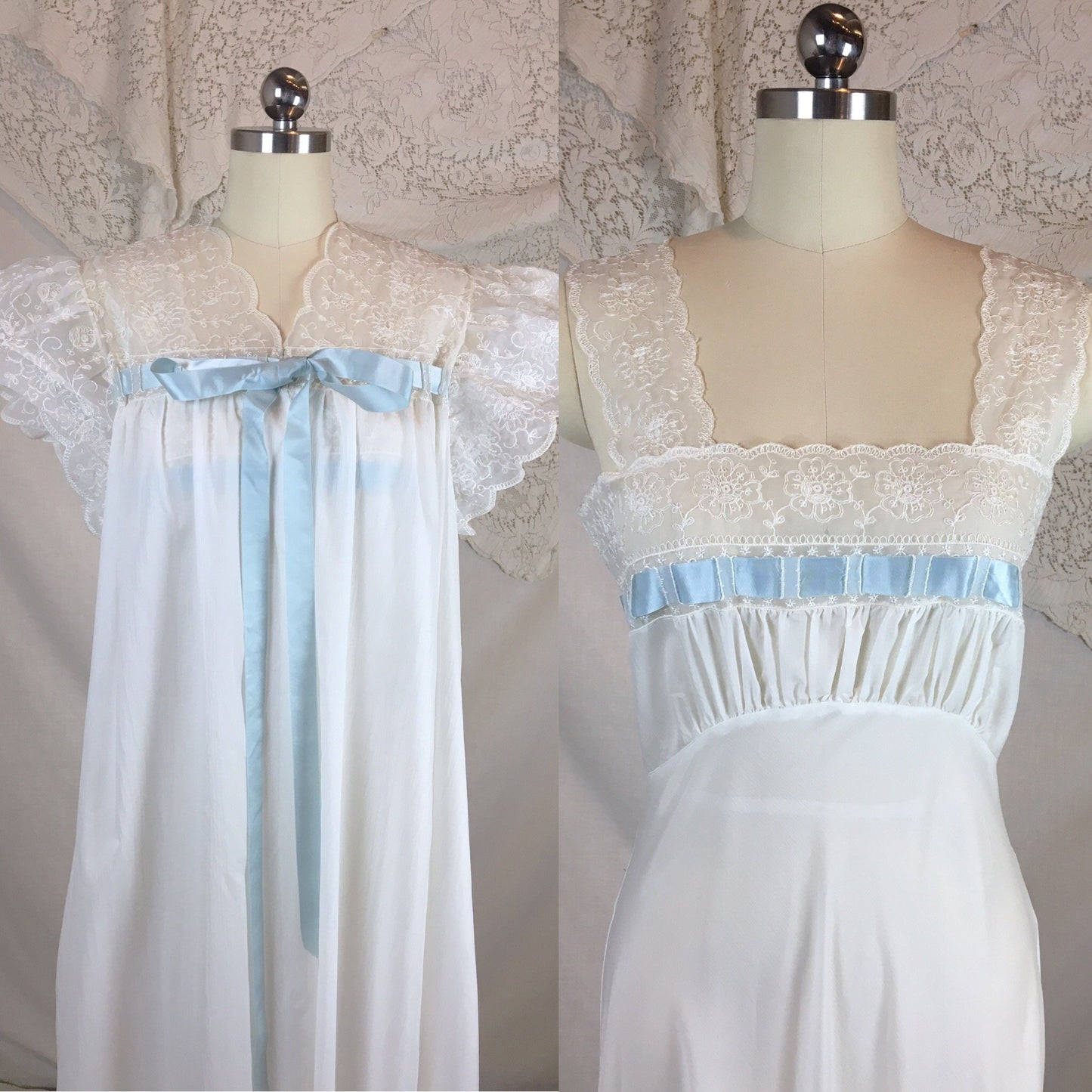 Vintage 1950's Peignoir Set | White Crisp Nylon with Sheer Embroidered Chiffon & Blue Ribbon | Chevette | Size S - Daggers & Dames
