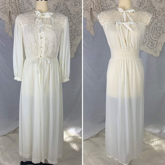 Vintage 1950's Peignoir Set | White Nylon with Floral Eyelet Embroidered Chiffon | Size S | Radcliffe - Daggers & Dames