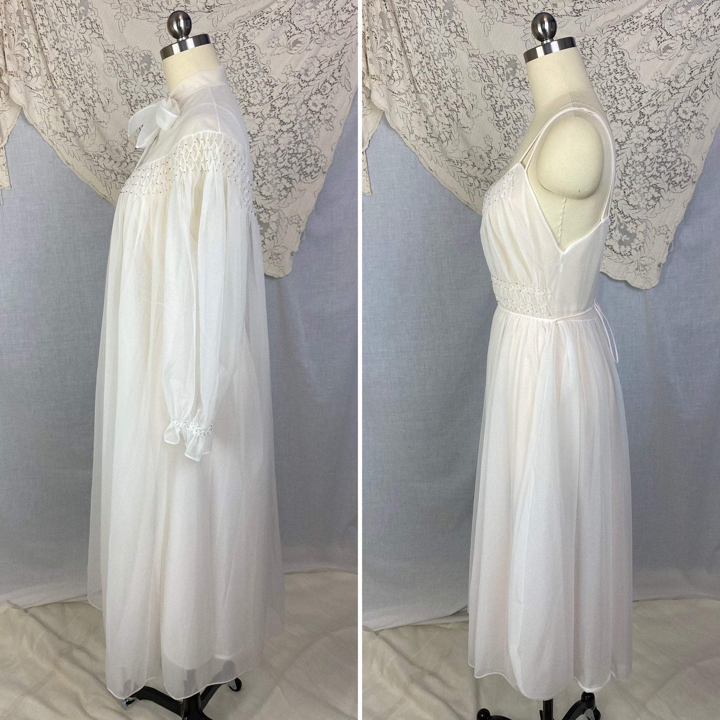 Vintage 1950's Peignoir Set | Winter White Nylon Chiffon with Honeycomb Smocking & Rhinestone Buttons | Size XS | Vanity Fair - Daggers & Dames