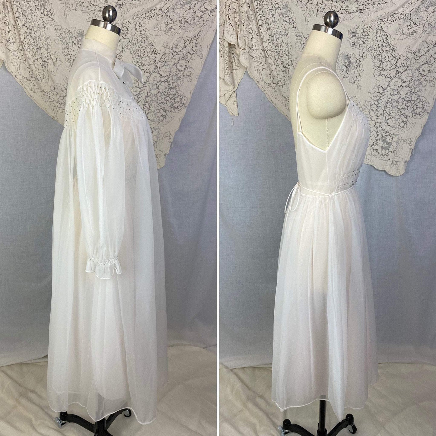 Vintage 1950's Peignoir Set | Winter White Nylon Chiffon with Honeycomb Smocking & Rhinestone Buttons | Size XS | Vanity Fair - Daggers & Dames