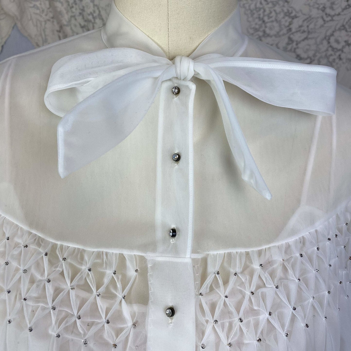 Vintage 1950's Peignoir Set | Winter White Nylon Chiffon with Honeycomb Smocking & Rhinestone Buttons | Size XS | Vanity Fair - Daggers & Dames