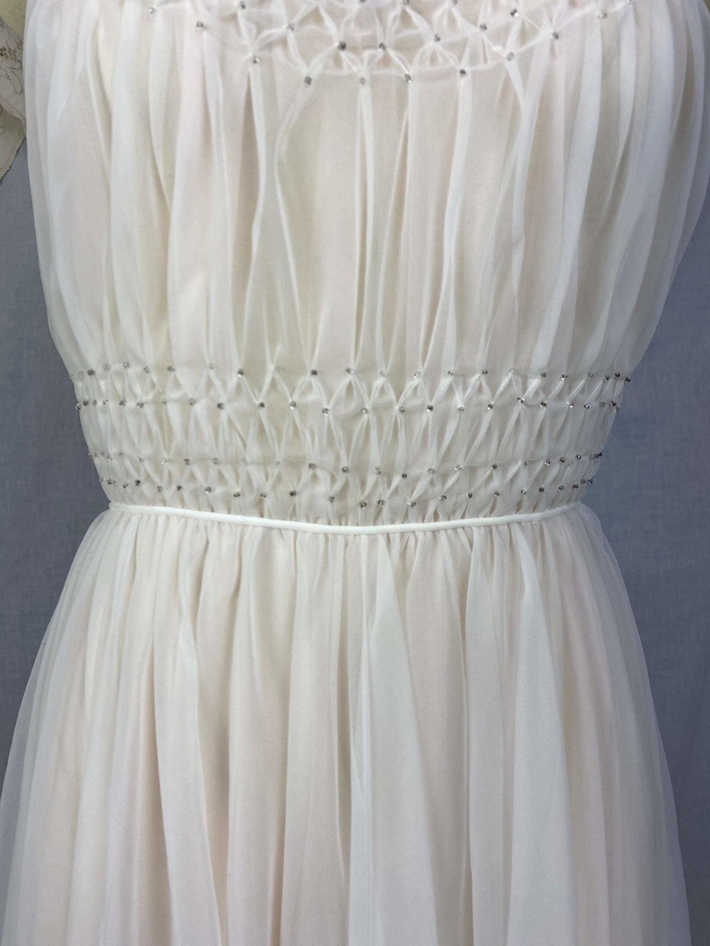 Vintage 1950's Peignoir Set | Winter White Nylon Chiffon with Honeycomb Smocking & Rhinestone Buttons | Size XS | Vanity Fair - Daggers & Dames