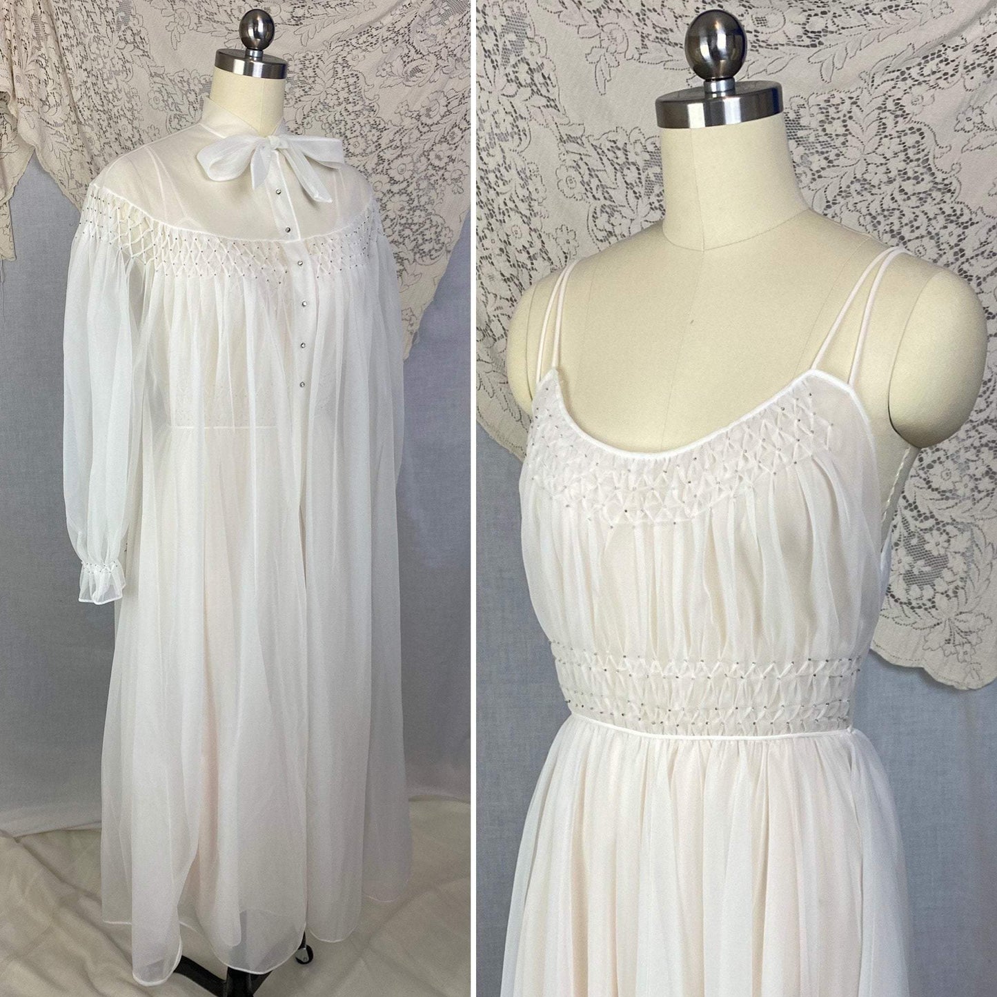 Vintage 1950's Peignoir Set | Winter White Nylon Chiffon with Honeycomb Smocking & Rhinestone Buttons | Size XS | Vanity Fair - Daggers & Dames