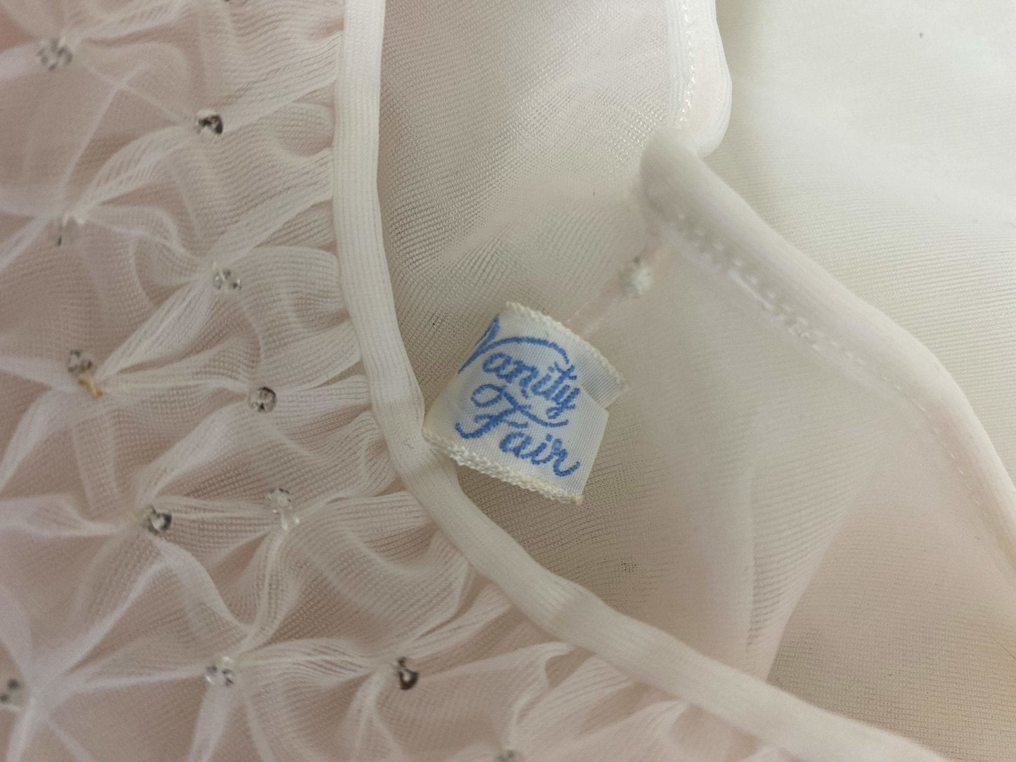 Vintage 1950's Peignoir Set | Winter White Nylon Chiffon with Honeycomb Smocking & Rhinestone Buttons | Size XS | Vanity Fair - Daggers & Dames