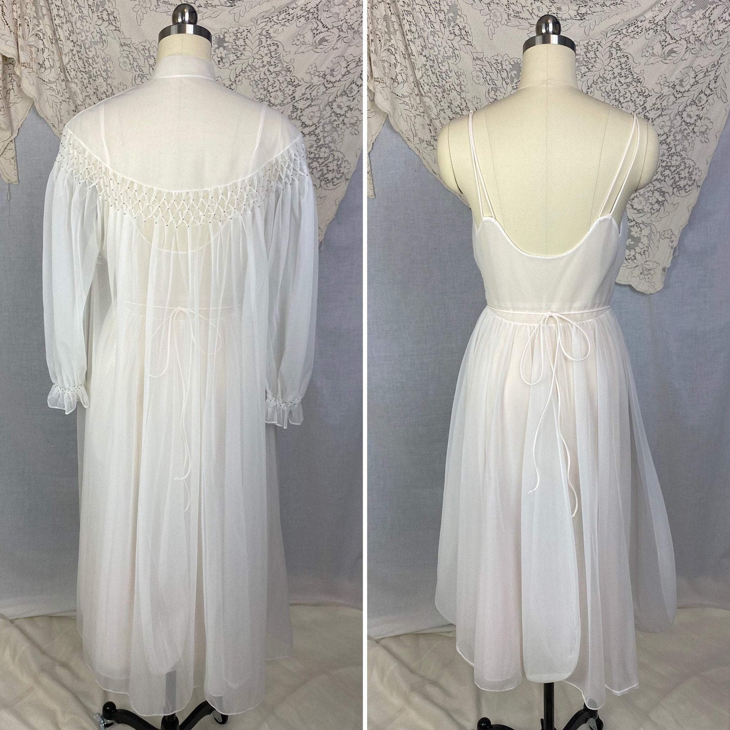 Vintage 1950's Peignoir Set | Winter White Nylon Chiffon with Honeycomb Smocking & Rhinestone Buttons | Size XS | Vanity Fair - Daggers & Dames