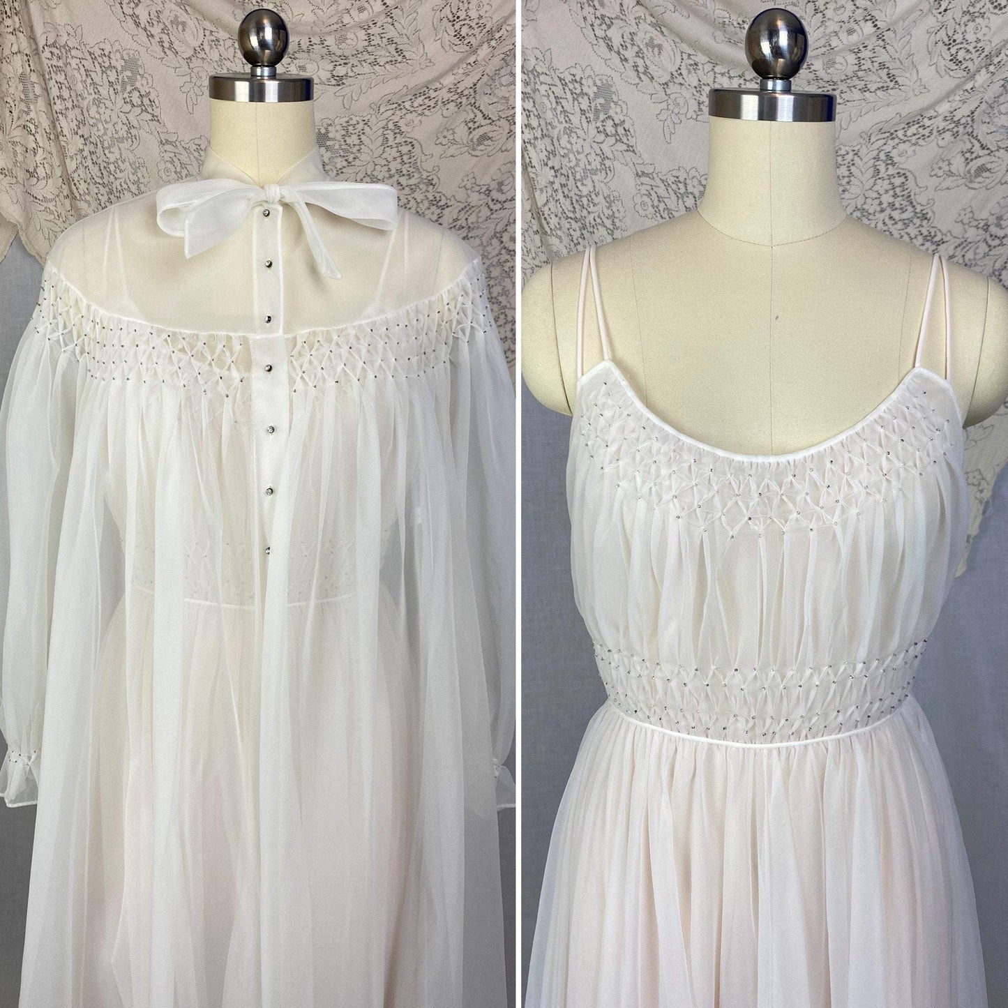 Vintage 1950's Peignoir Set | Winter White Nylon Chiffon with Honeycomb Smocking & Rhinestone Buttons | Size XS | Vanity Fair - Daggers & Dames