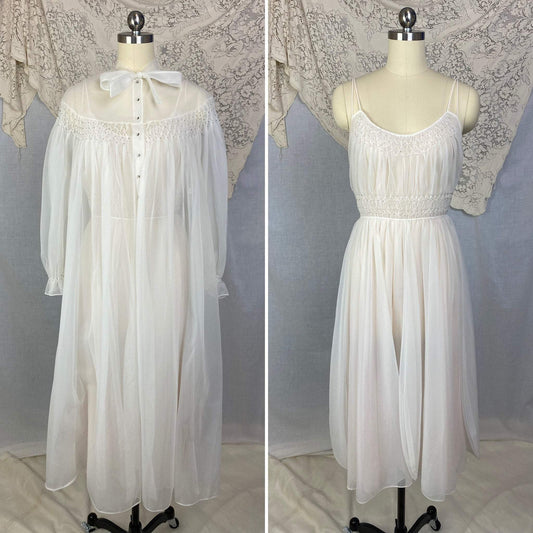 Vintage 1950's Peignoir Set | Winter White Nylon Chiffon with Honeycomb Smocking & Rhinestone Buttons | Size XS | Vanity Fair - Daggers & Dames