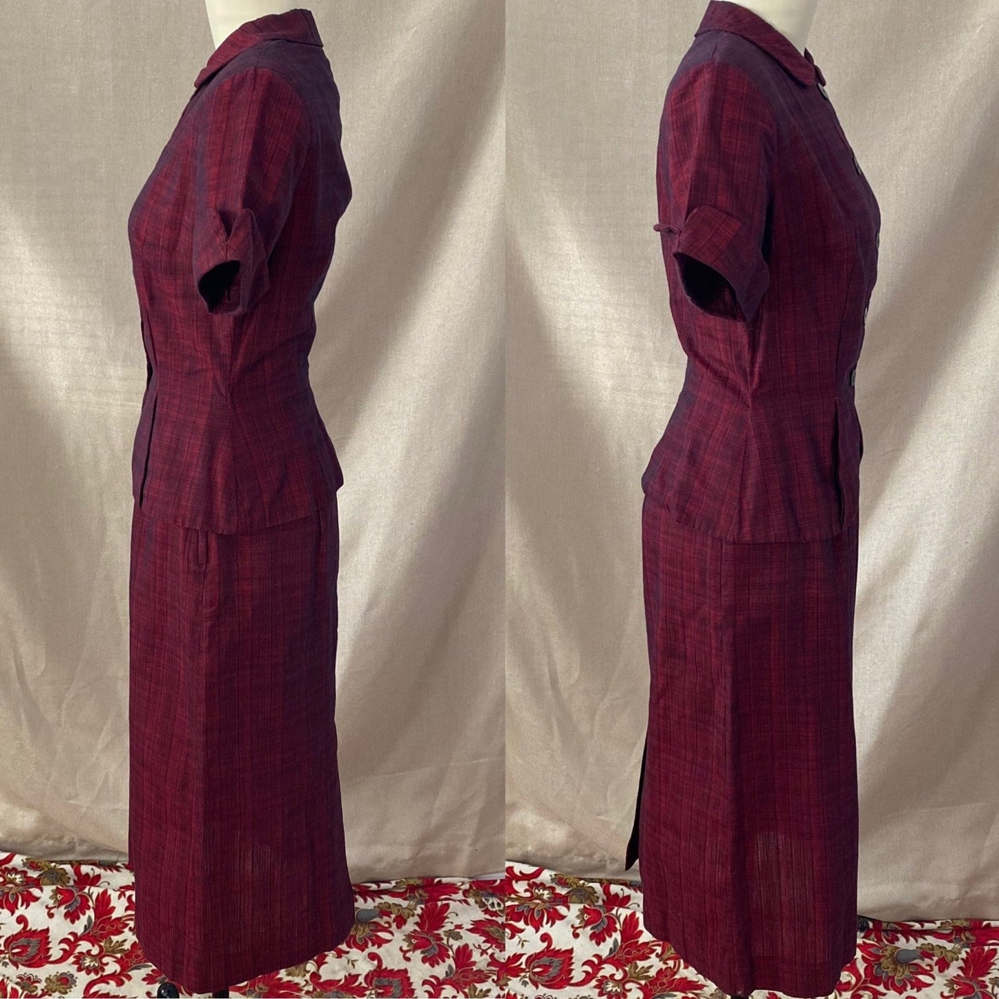 Vintage 1950's Pencil Skirt Suit | Ruby Red & Black Plaid Cotton | Size XS | Jolyn Juniors - Daggers & Dames