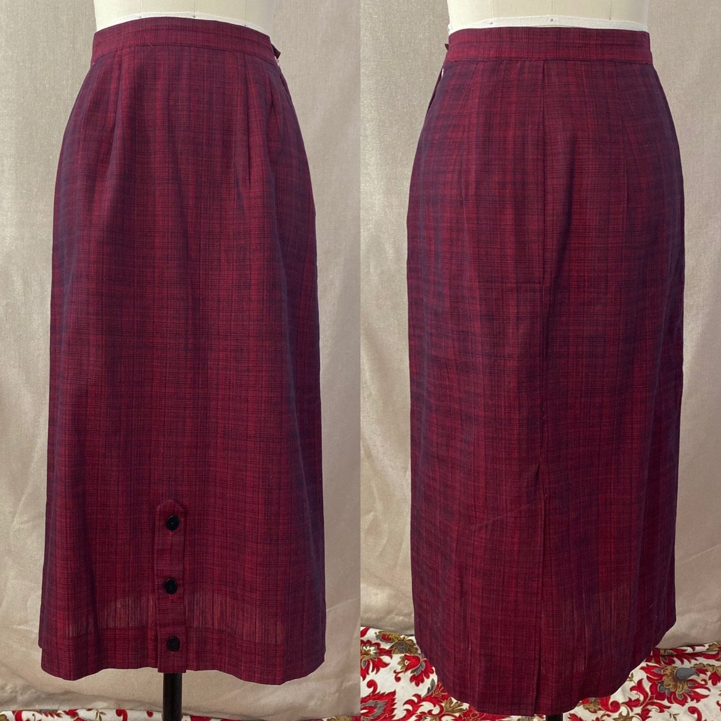 Vintage 1950's Pencil Skirt Suit | Ruby Red & Black Plaid Cotton | Size XS | Jolyn Juniors - Daggers & Dames