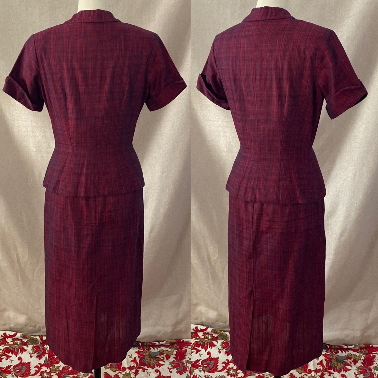 Vintage 1950's Pencil Skirt Suit | Ruby Red & Black Plaid Cotton | Size XS | Jolyn Juniors - Daggers & Dames