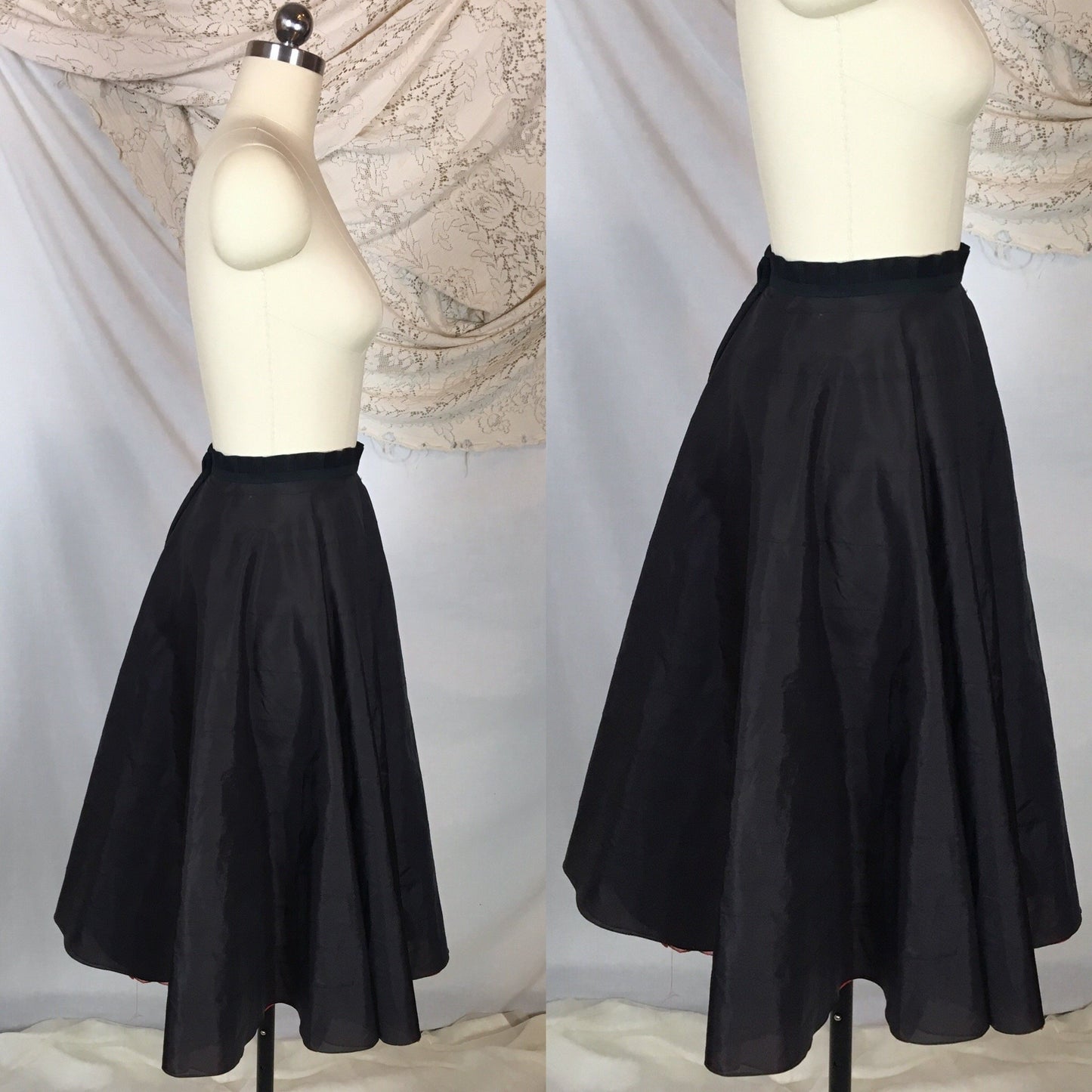 Vintage 1950's Petticoat | Black Nylon with Tiered Red Ruffled Padding | Miss X, Saramae | Size MED - Daggers & Dames