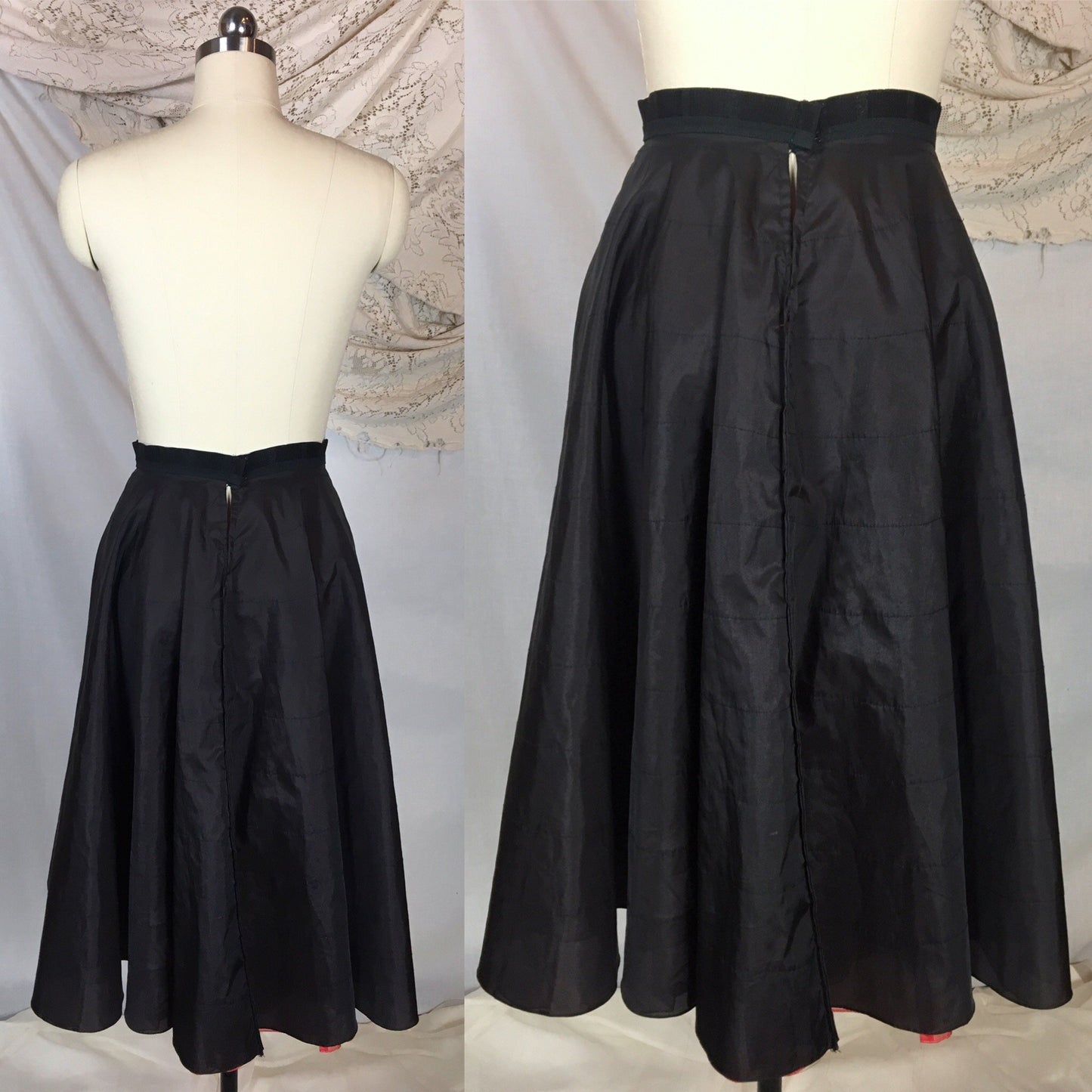 Vintage 1950's Petticoat | Black Nylon with Tiered Red Ruffled Padding | Miss X, Saramae | Size MED - Daggers & Dames