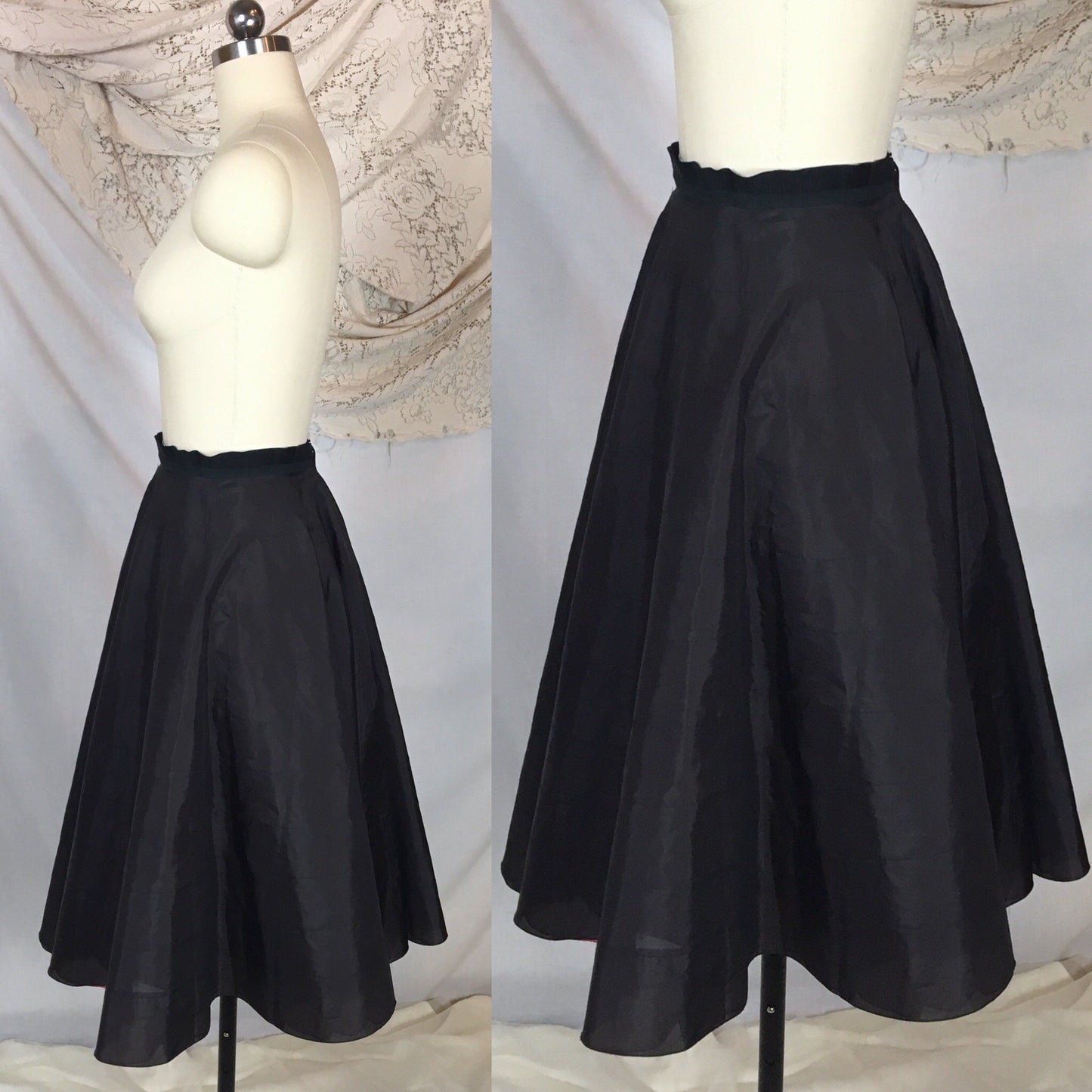 Vintage 1950's Petticoat | Black Nylon with Tiered Red Ruffled Padding | Miss X, Saramae | Size MED - Daggers & Dames